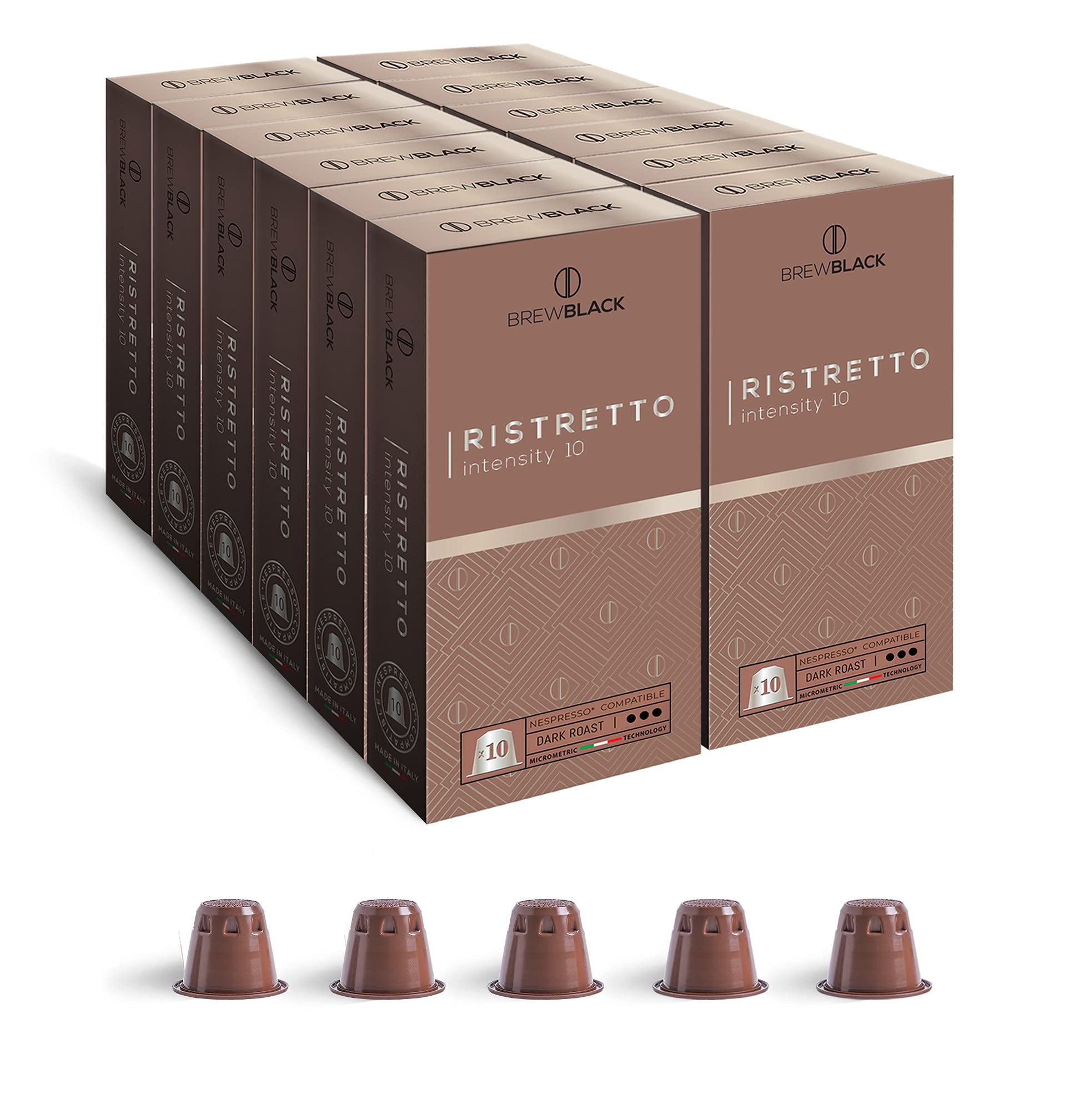 BrewBlack Ristretto - 120 Coffee Capsules| Nespresso* Original line Compatible Capsules | Made in Italy | Flavor Notes: Dark Chocolate, Cocoa, Spices and Caramel | Intensity 10/12