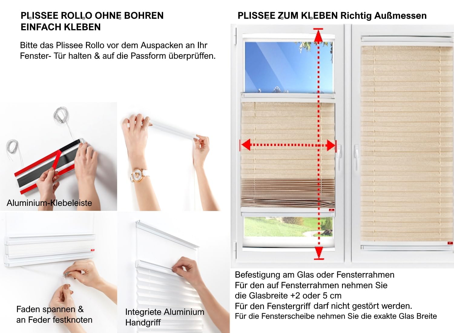 Brillant® Premium Plissee ohne Bohren zum Kleben, Plisseerollo mit Aluminium-Klebeleiste | Sonnenschutz & Sichtschutz für Fenster & Balkontür | Beige - Sand | 80x130 cm (BxH)