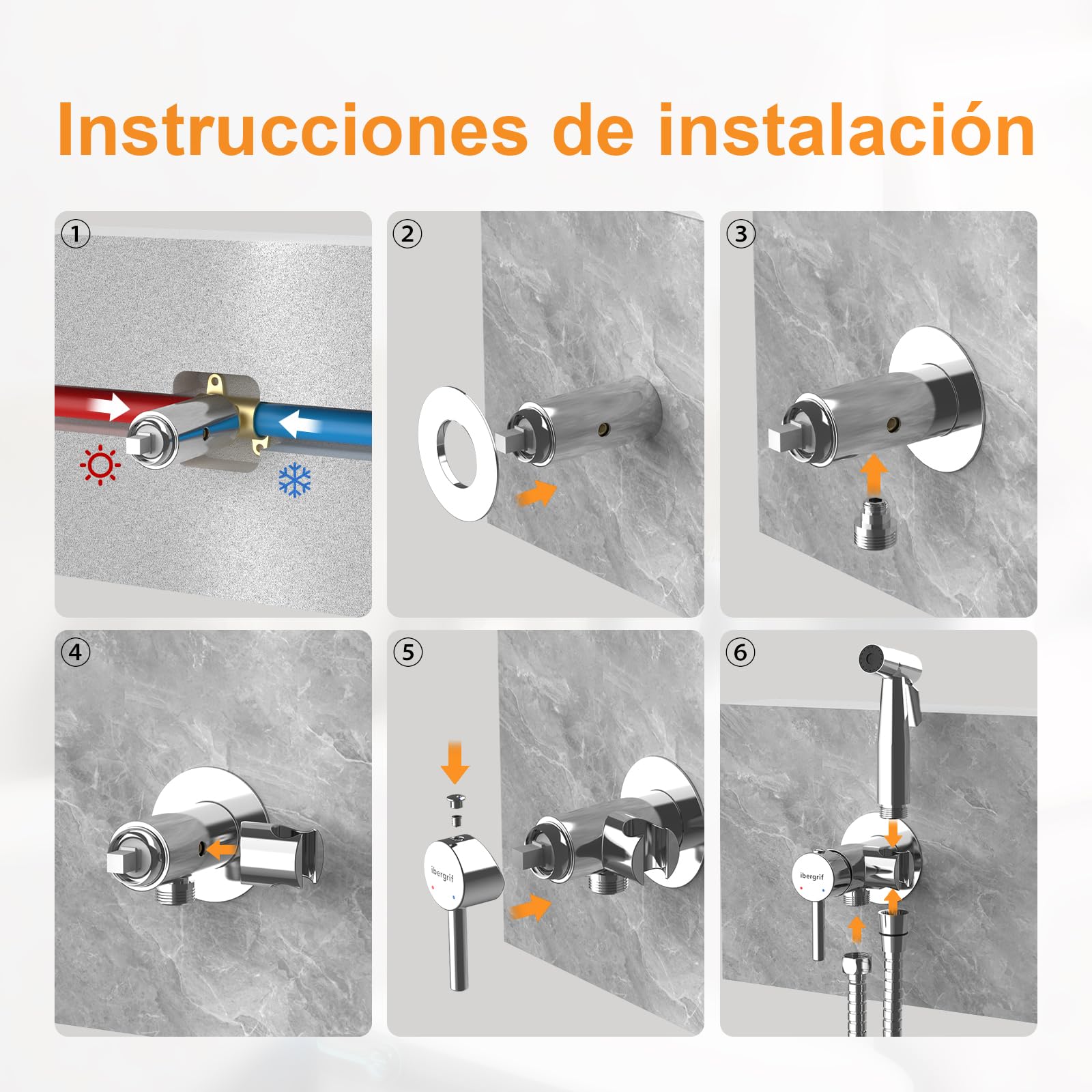 Ibergrif M22004 Grifo Empotrado para WC y Bidé – Mezclador Monomando con Ducha de Mano, Soporte de Pared y Manguera de Acero Inoxidable 1.2m, Plata