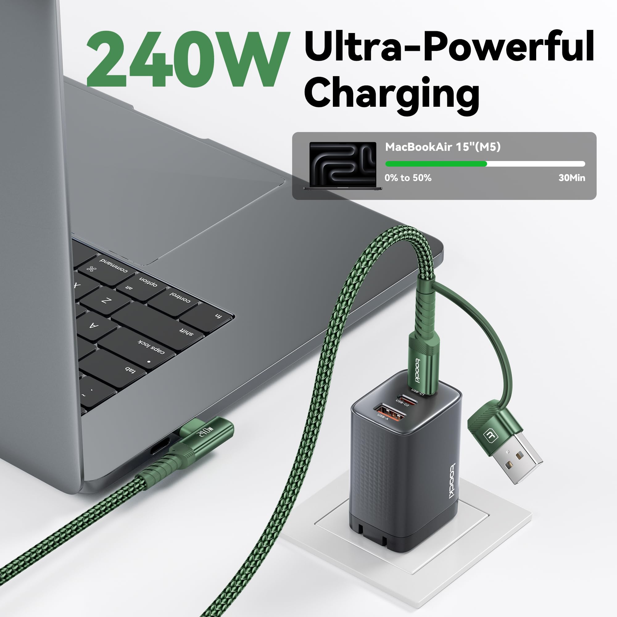 toocki Cavo da USB C a USB C da 240 W, 3,1 m, confezione da 2, cavo di ricarica 2 in 1 da USB A/C a tipo C, ad angolo retto PD 3.1, ricarica rapida per iPhone 17, 16, 15 Pro Max, MacBook Pro, iPad