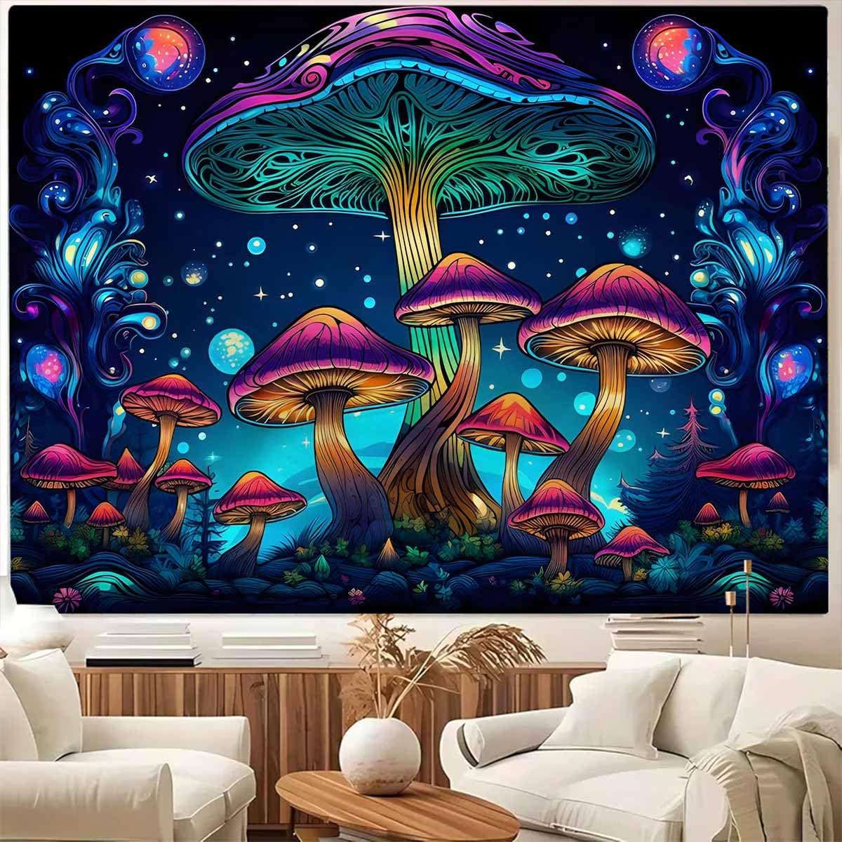 FENDROM Extra Large Enchanted Mushroom Magical Blacklight Tapestry Fairytale Wonderland Galaxy Mushroom Forest Wall Hanging for Bedroom Living Room Decor