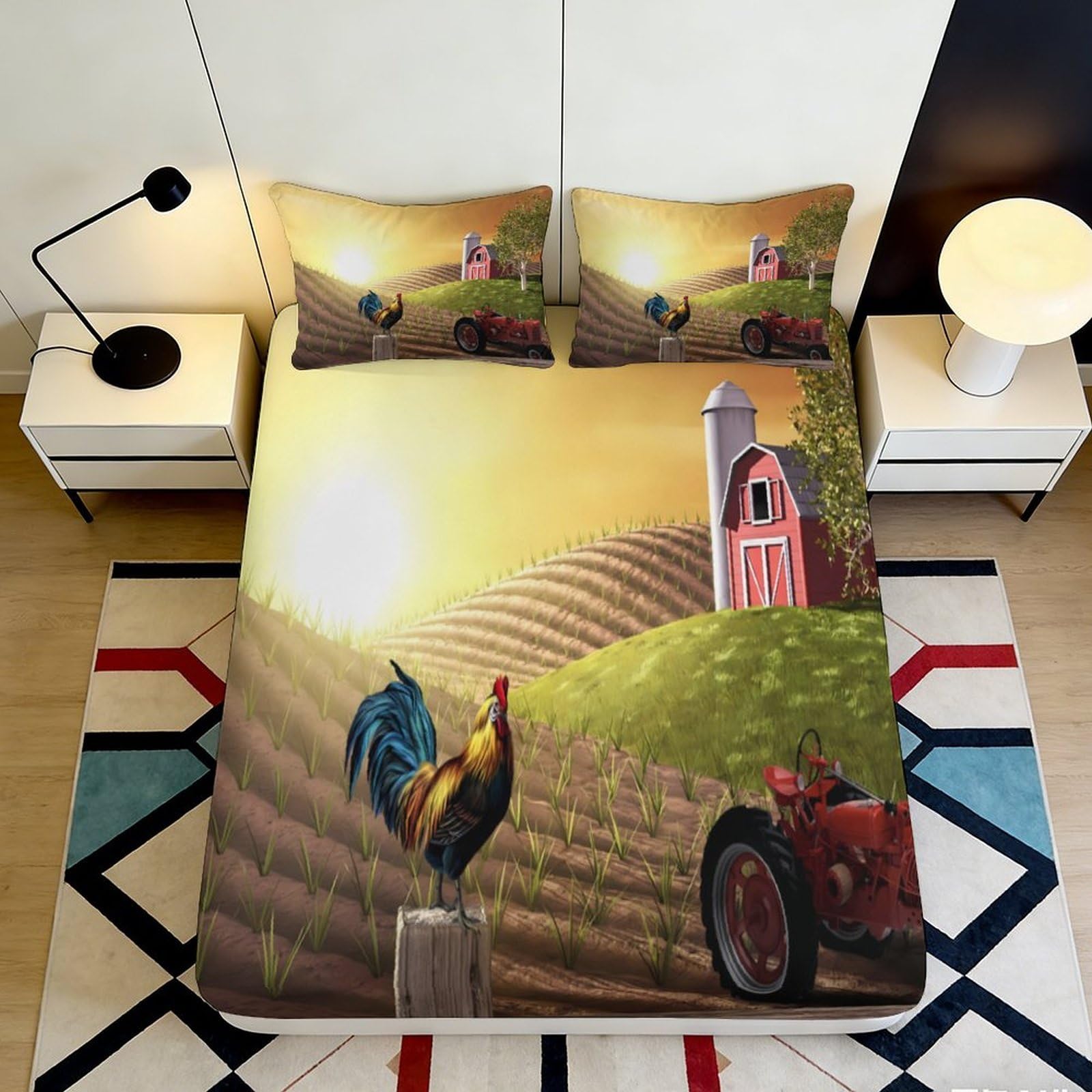 3D Printed Sunrise Farm Landscape Fitted Sheet Microfiber Soft Rooster Tractor Bed Cover for Bedroom Decor 90x200x25cm