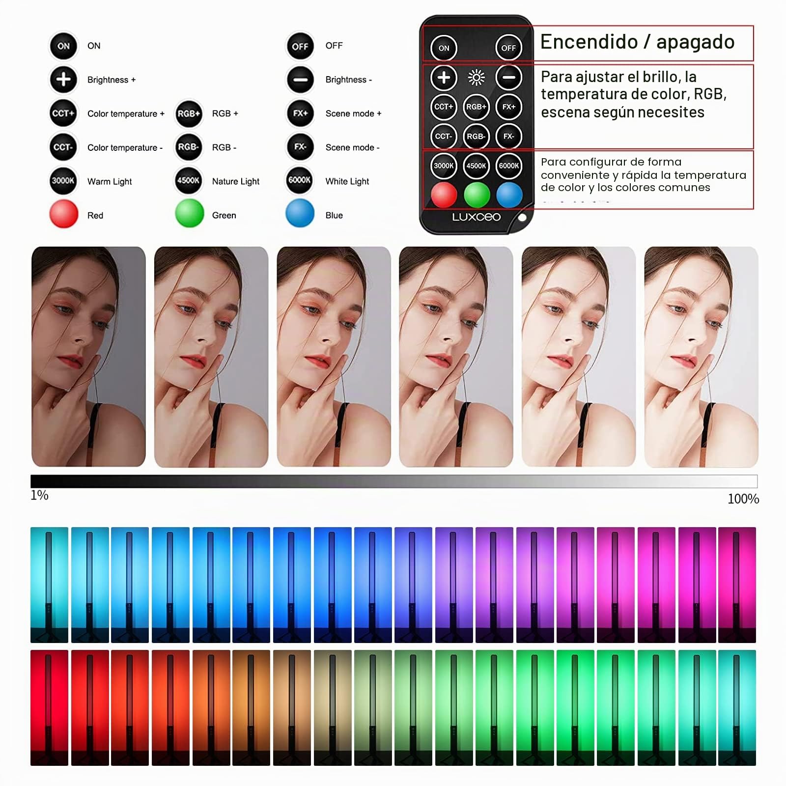 Paquete de 2 Varita de luz de Video LED RGB, Kits de iluminación de Estudio de fotografía LUXCEO con trípode de 29 "a 81", Palo de luz de fotografía Regulable 36 Colores 3000K-6000K