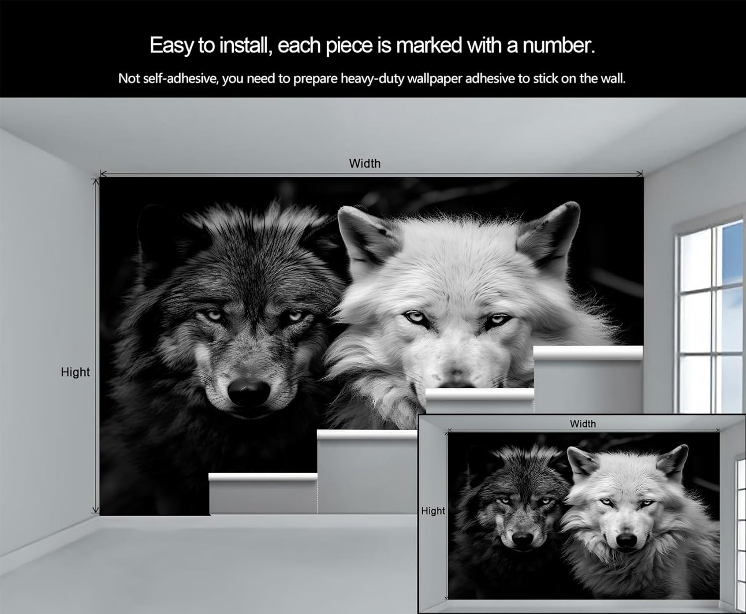 Wolf Mural, Wolf Wall Murals, Black and White Animals 3D Wallpaper for Farmhouse Living Room Bedroom Sofa TV Background Decor Murals - 157.5" W x 110.3" H