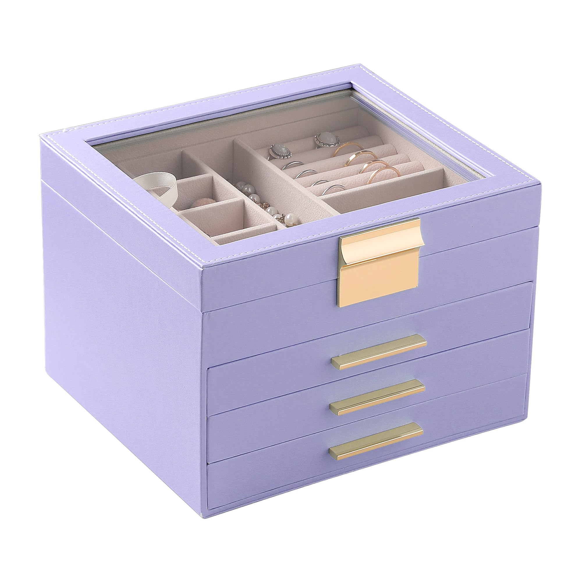 Frebeauty Clear Lid Jewelry Box,4 Layers Jewelry Organizer Large Multi-Functional Jewelry Storage Box with 3 Drawers,Jewelry Display Case Rings Earrings Necklace Bracelets for Women(Lavender)