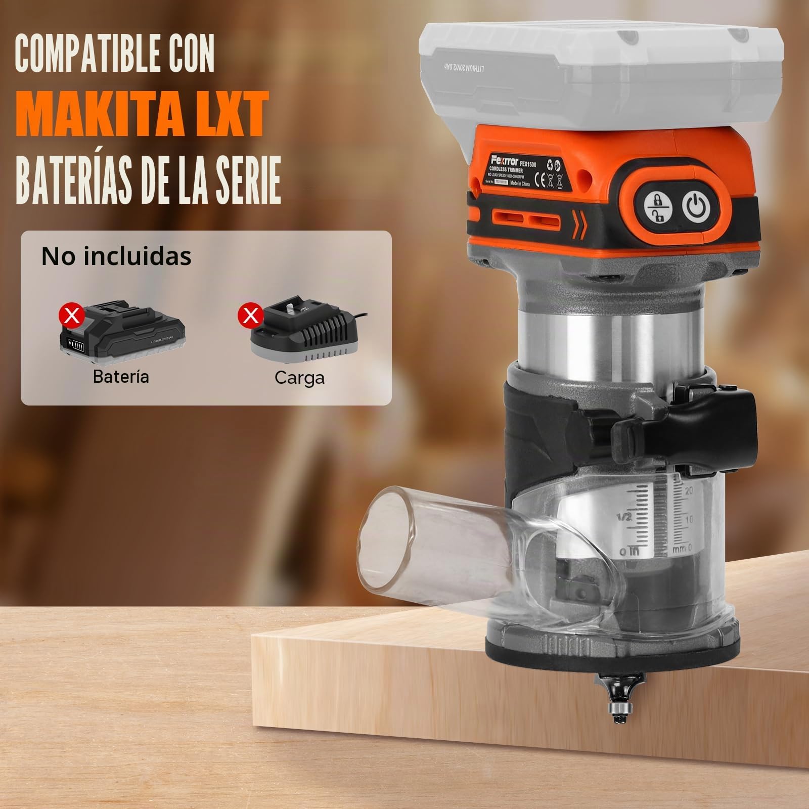 Fresadora de Madera Compatible con Makita 18V Batería, Fresadora de Mano con 6 Velocidades, Motor Sin Escobillas, 30000 RPM, 5 Piezas Fresas (Sin Batería)