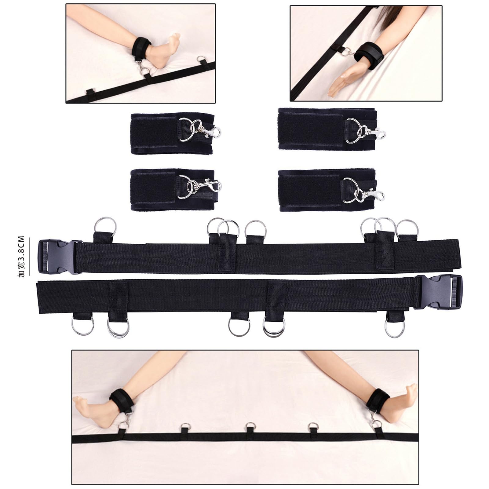 Cintura Regolabile per Letto, Colore Nero, con Polsini e Cavigliere, Set Completo di Cinghie e Fibbie