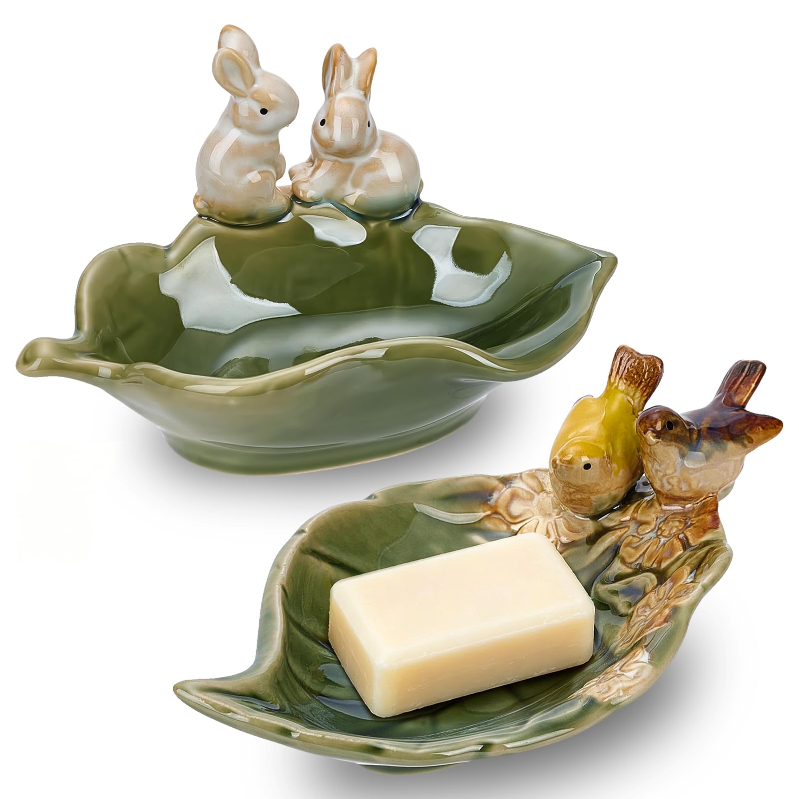 Porte savon en céramique lapin : lot de 2 coupelles décoratives pour salle de bain