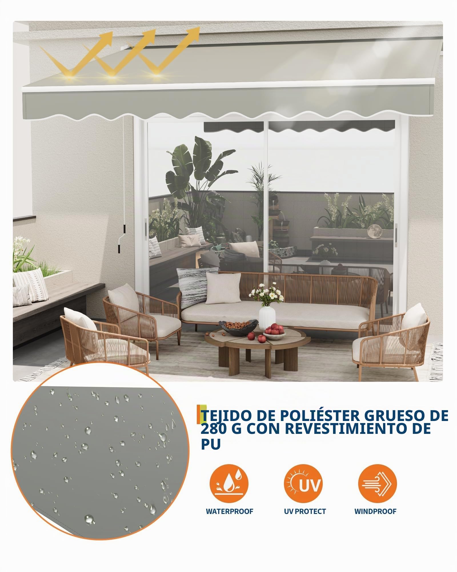 Garvee Toldos Exterior Terraza Grande Retráctil 3.5m,Gris | Anti-UV, Sin Taladrar, Altura Ajustable, Soporte metálico aluminio-hierro, Resistente al viento, Terraza, Balcón, Patio