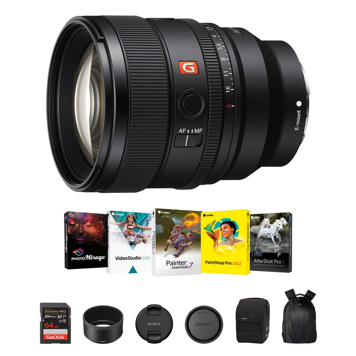 Sony FE 85mm f/1.4 GM II Lens for E-Mount Cameras | Full-Frame Large-Aperture Digital Camera Lens with Corel Art Suite Software Kit, SanDisk 64GB