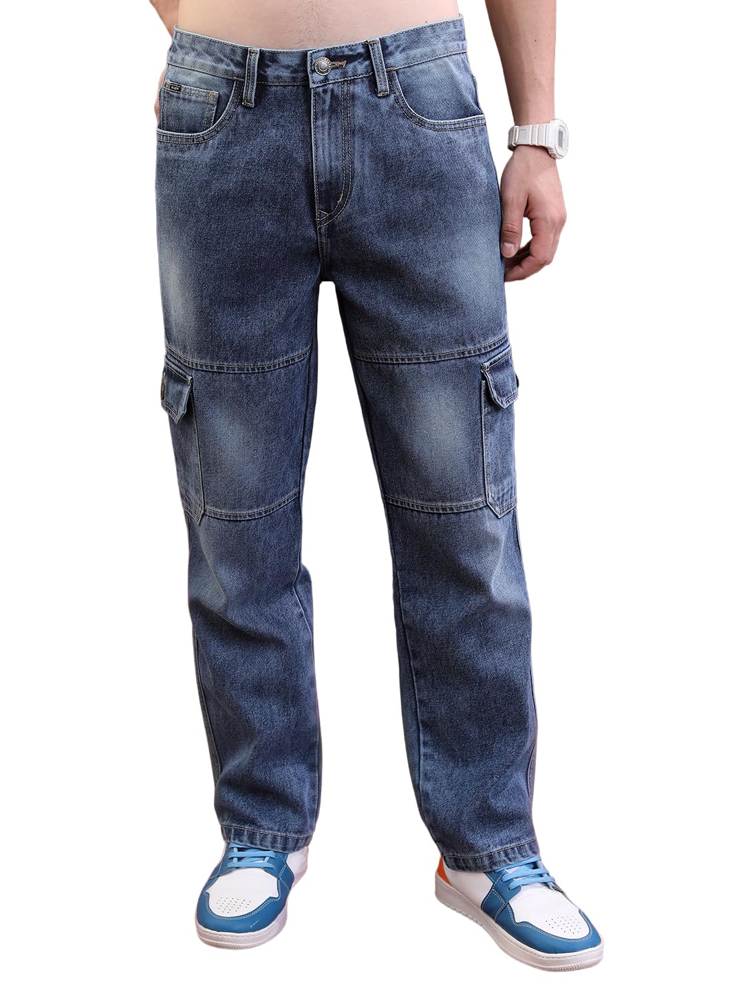 Highlander Mens Relaxed Fit Denim Jeans for Man|Mid-Rise|Cotton Cargo Jeans for Men | Men Jeans in blue