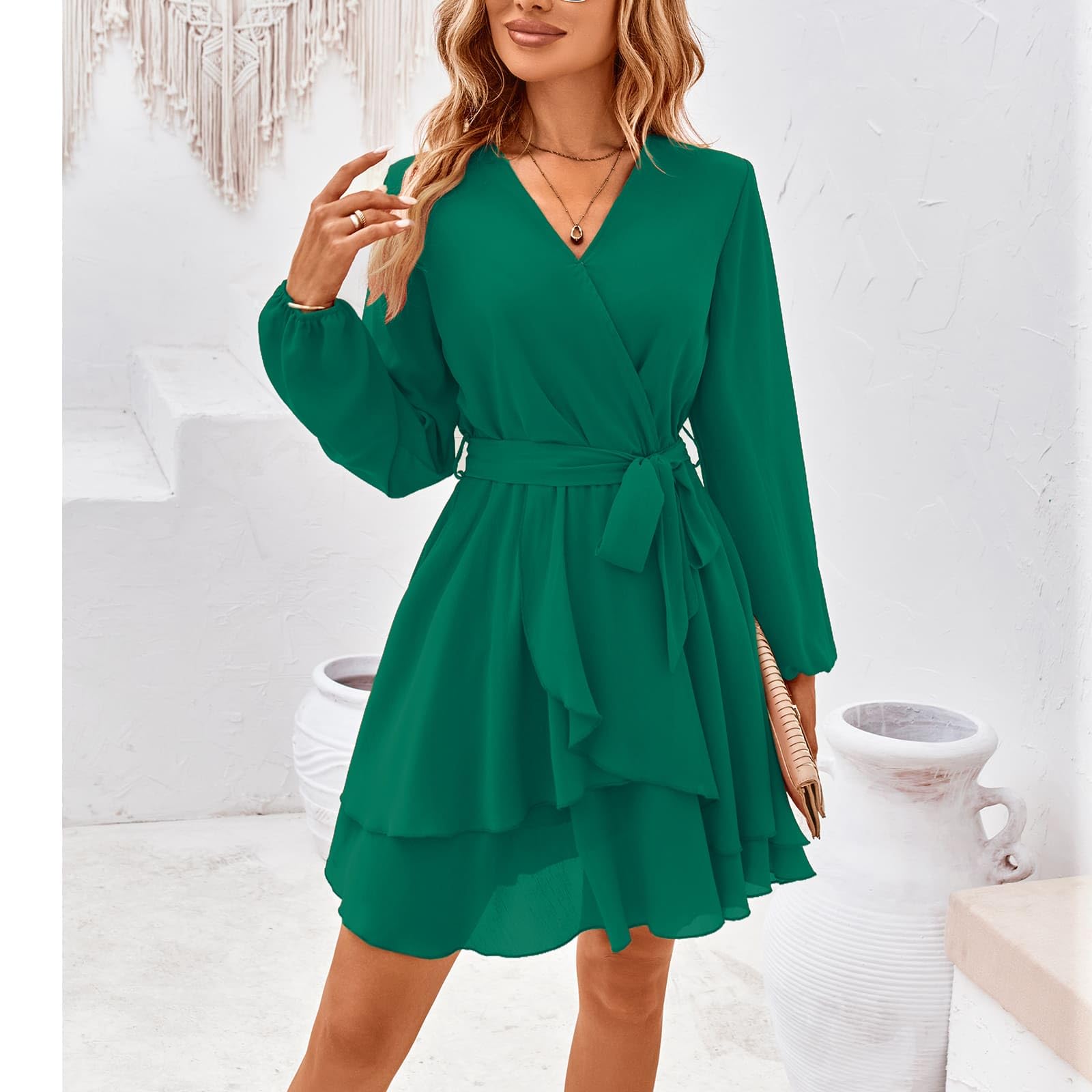 TcIFE Vestidos de Mujer Casual con Cuello en V de Manga Larga y Colores Sólidos, Sexy Mini Elegantes Ajustado Fiesta para Bodas Vestido