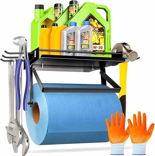 Soporte para toallas de papel de garaje con estante, soporte de pared de metal de alta calidad con 6 ganchos, desgarro con una mano, organización y