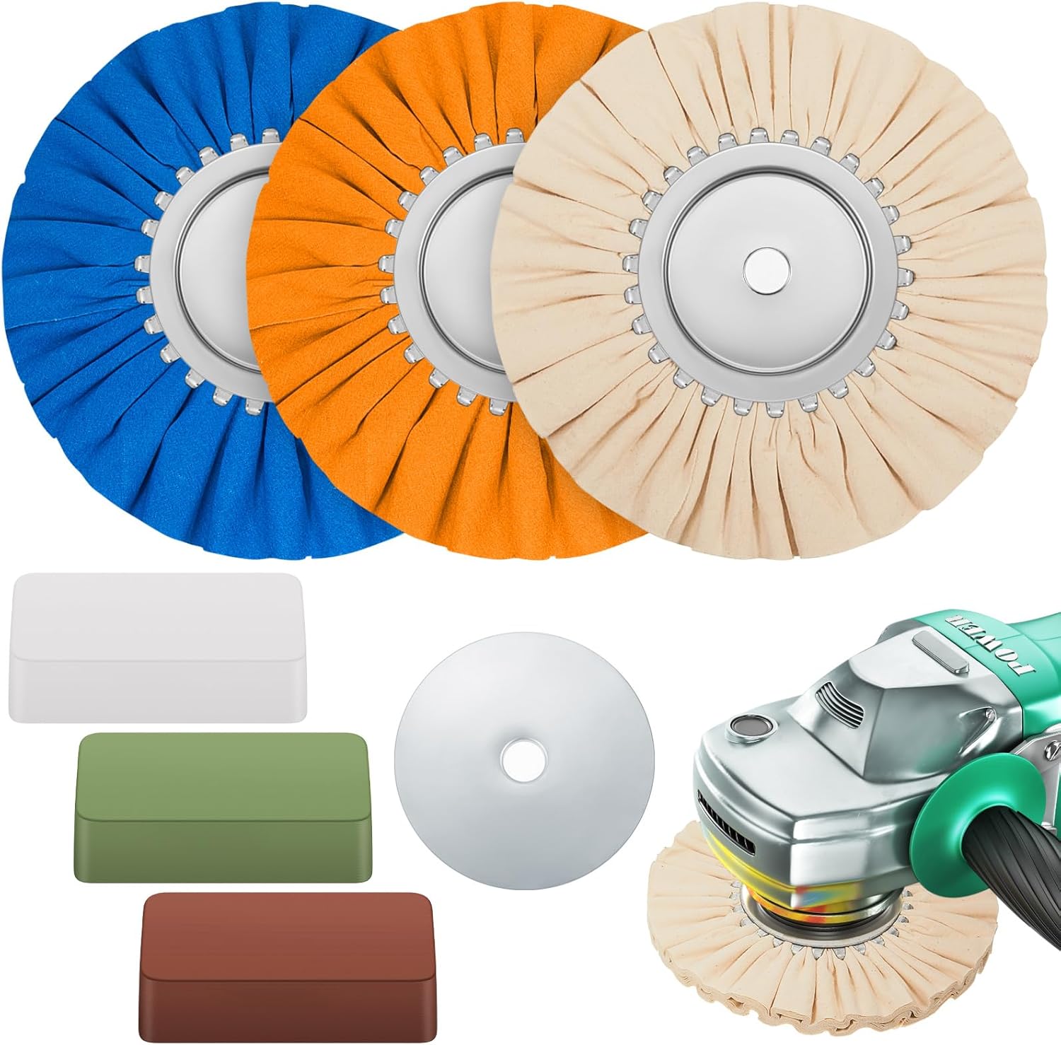 Tallew 7 Pcs 8" Airway Buffing Wheel Kit in Diameter 5/8" in Arbor Hole, Aluminum Metal Polishing Wheel and Polishing Compound for Angle Grinder Mirror Finish(Multicolor)