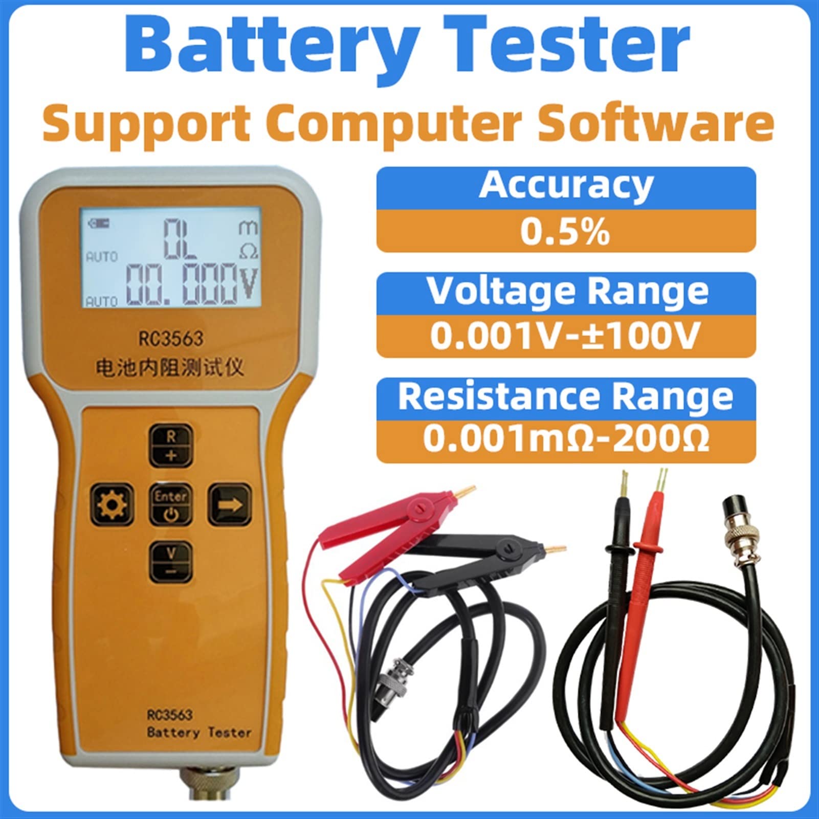 Comprobador de baterias de coche Modelo RC3563 Probador de resistencia interna de la batería verdadero de cuatro cables C.A. Clasificador de resistencia interna Litio de plomo-ácido UPS Prueba(Package