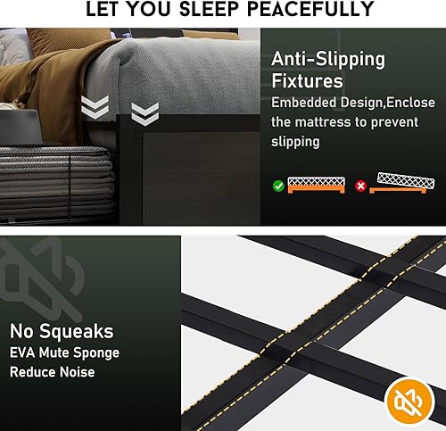 Miniatura 7 de Base de cama de tamaño matrimonial con almacenamiento, plataforma de cama de madera LED con cabecero, 4 cajones, estación de carga, no necesita