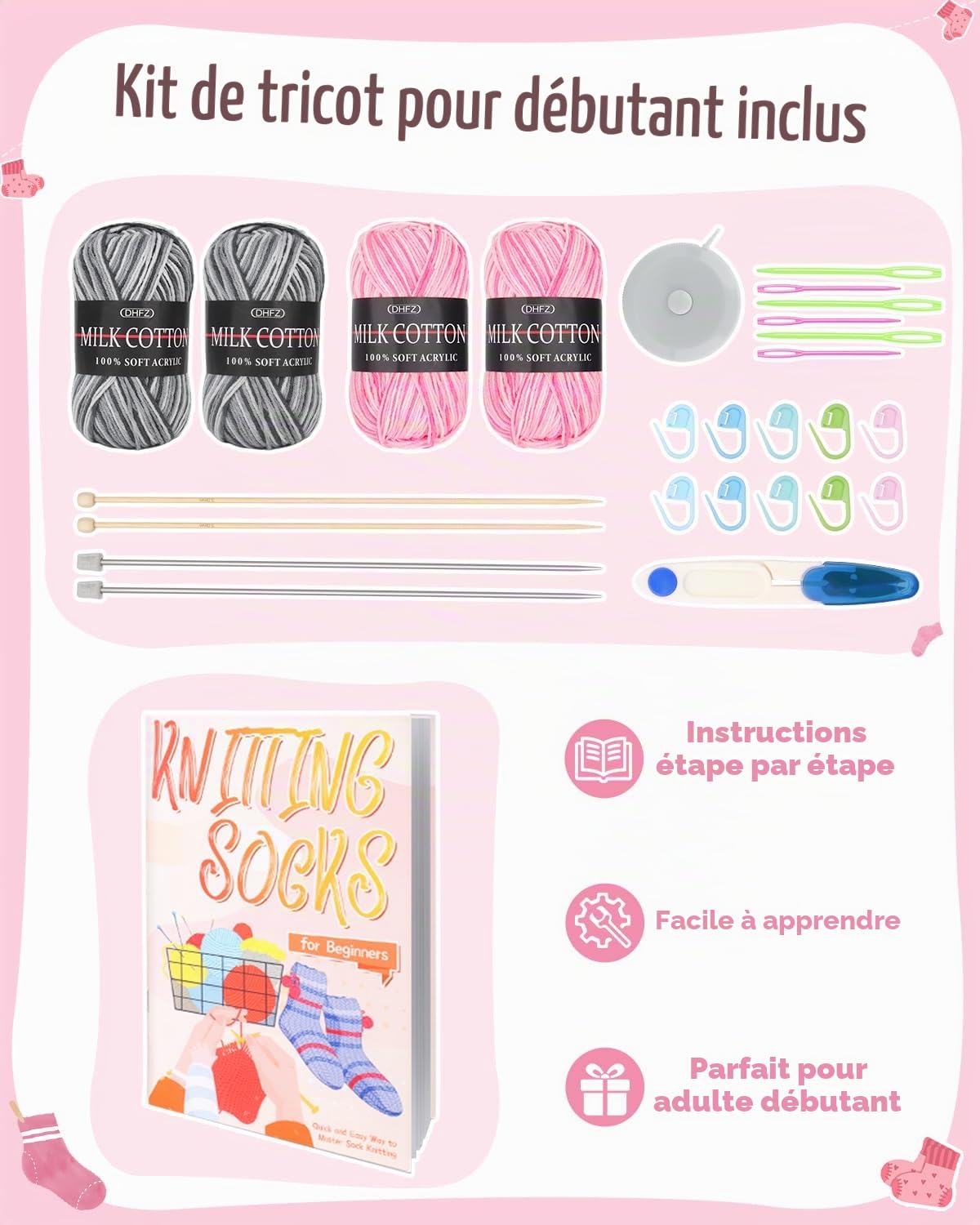 Katech Kit Tricot Débutant - Laine, Aiguilles à Tricoter 25cm en Bambou et Métal, Kit Adulte Chaussettes, Livre en Anglais - Gris Rose