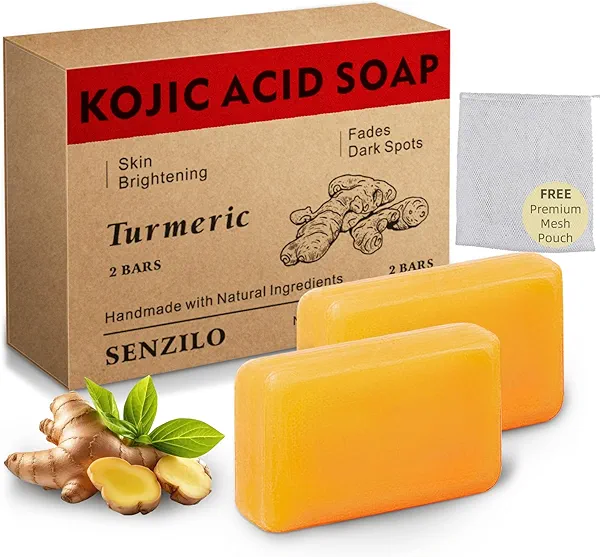 Senzilo Kojic Acid Soap, Turmeric Soap for Dark Spots with Collagen, Vitamin E, Retinol, Hyaluronic Acid, Shea Butter, Tumeric Soap Bar for Spot Remover - 105g x 2 Bars