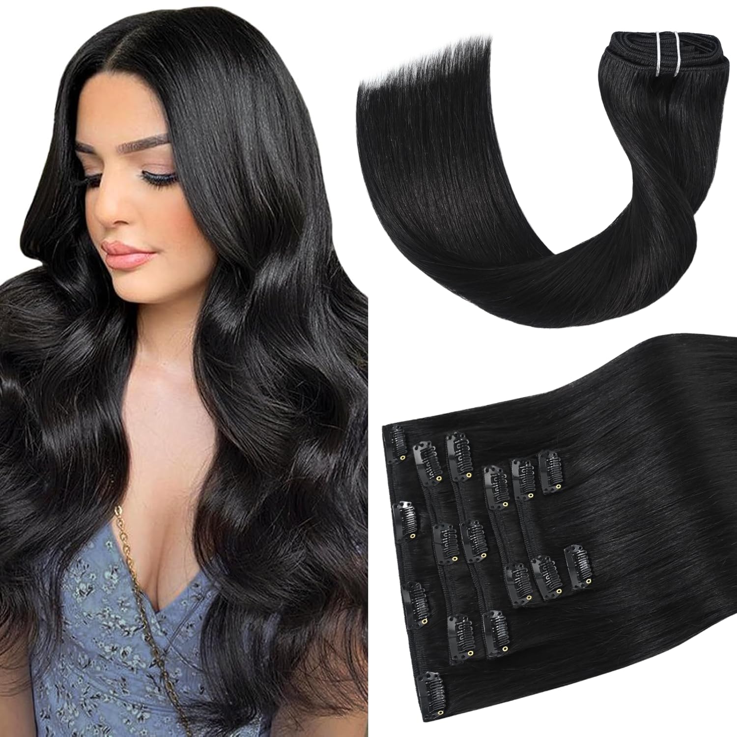Aison Black Clip in Hair Extensions Real Human Hair 70g 12 Inches 100% Remy Human Hair Straight Double Weft for Full Head 7pcs 16clips