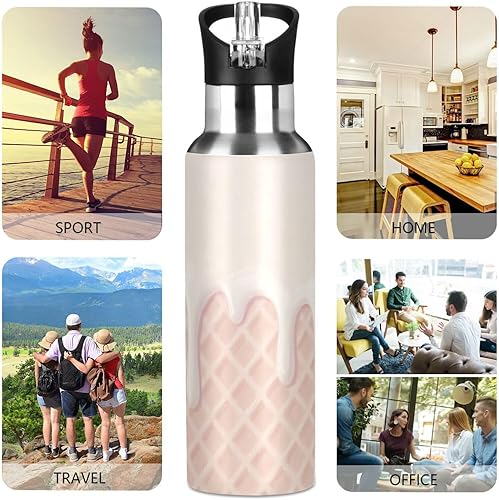 Miniatura 5 de Waffle Grid Ice Creampastel Peach Leakproof Insulated Water Bottle With Straws Leak-proof Double Wall Vacuum Insulated for Water, Milk, Juice,