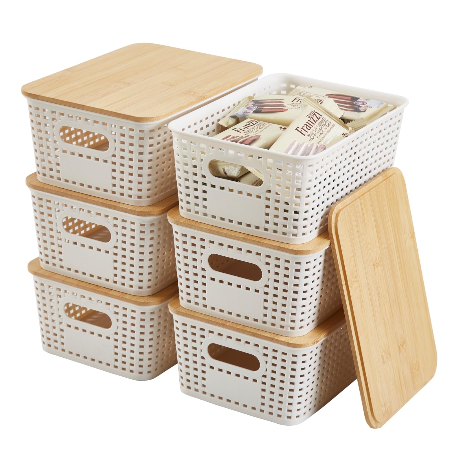 Sagittar Lot de 6 cajas de almacenamiento con tapa de bambú, cesta de almacenamiento de plástico imitación ratán, cajas de almacenamiento apilables, organizador ideal para oficina, armario (Blanco)