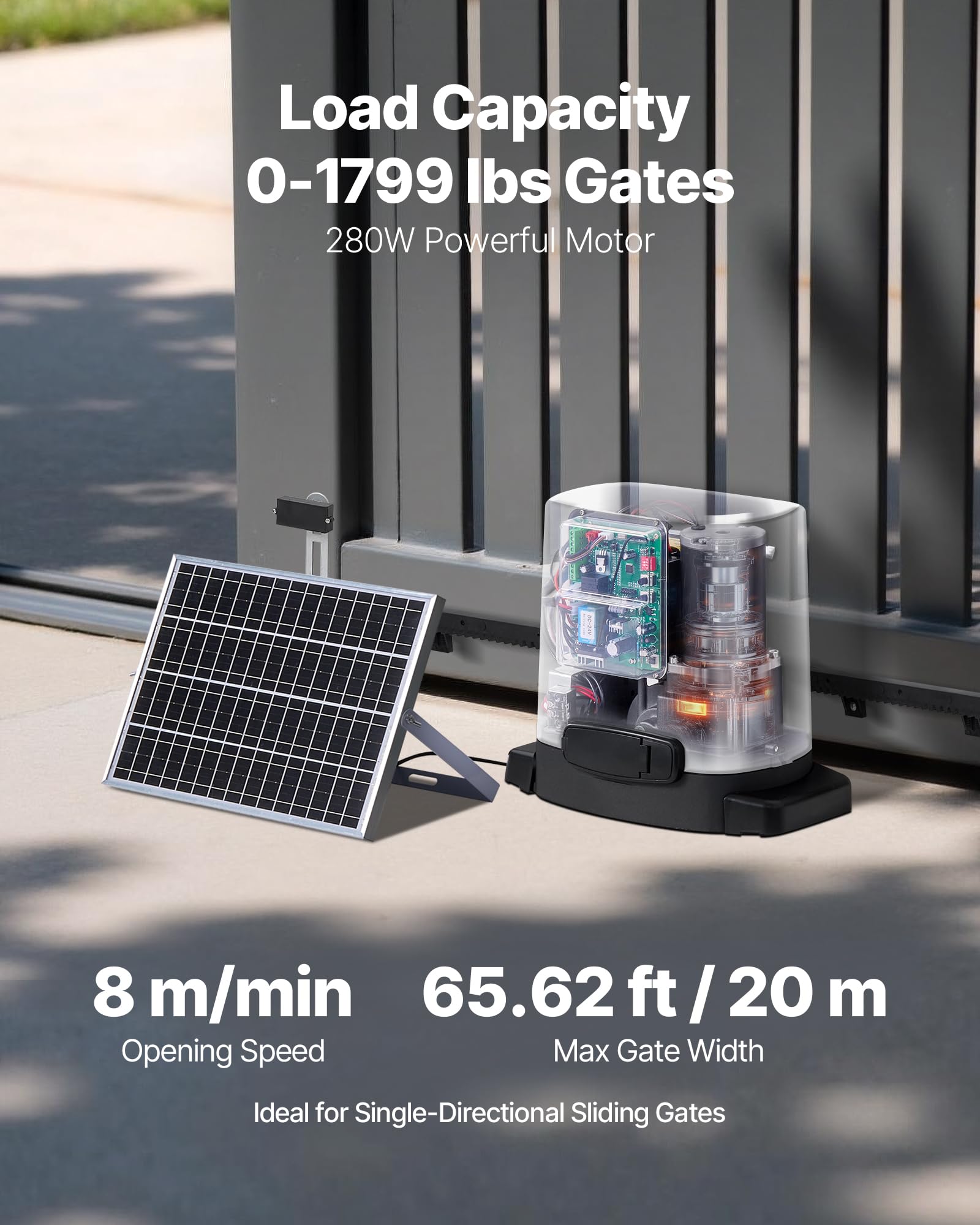 VEVOR Motorisation de Portail Coulissant, 280 W, Ouvre-Portail Solaire Électrique pour Portes 20 m et Charge 816 kg, Moteur de Porte Coulissante à Crémaillère, Système d'Ouverture de Portails d'Allée