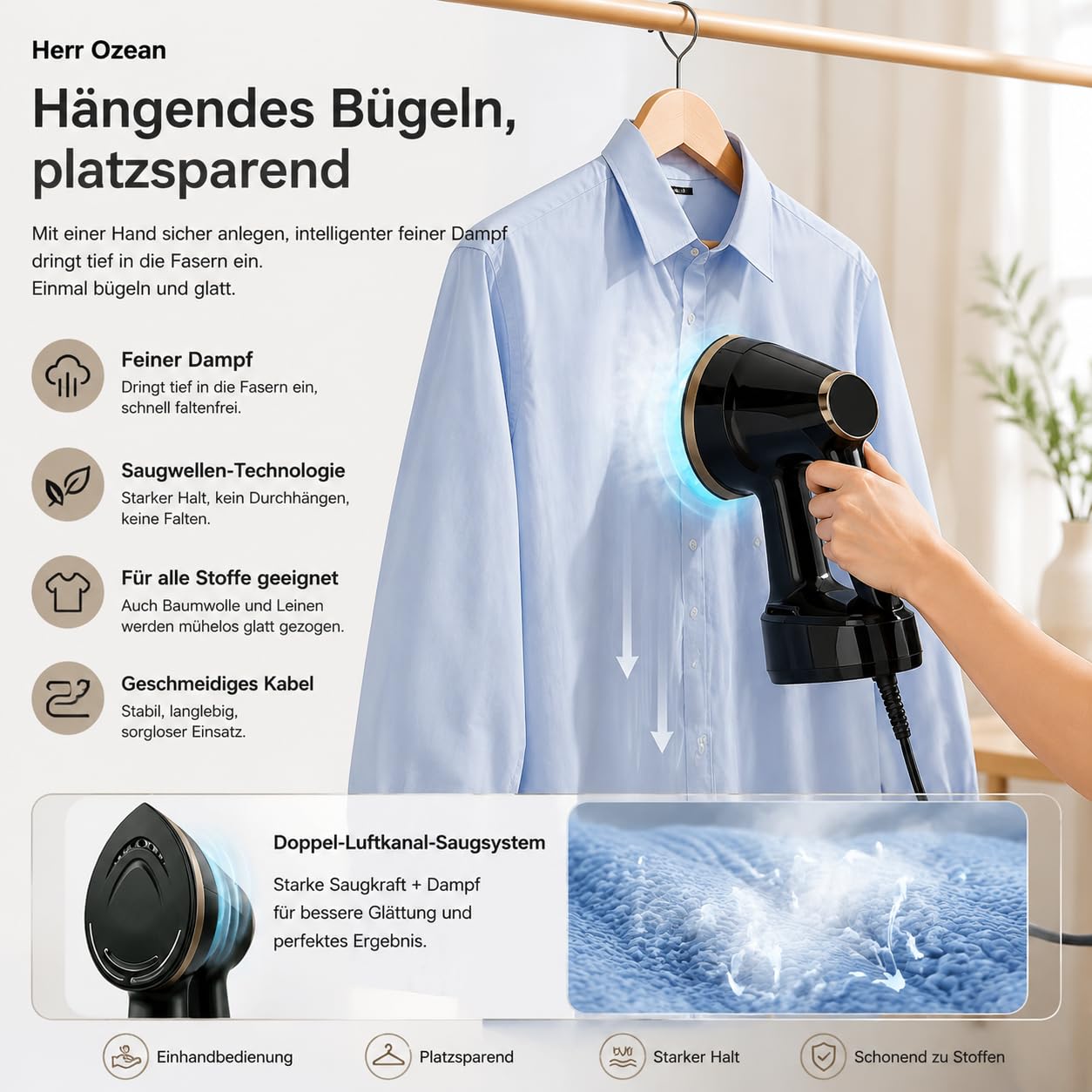 1500w Tragbarer Wassertank Steamer Dampfglätter400ml, 15s Schnellaufheizung Handdampfer, 2500–3600Pa, 4 Modi Für Kleidung Vertikales Und Horizontales Dämpfen Zuhause/Reise. (Weiß)