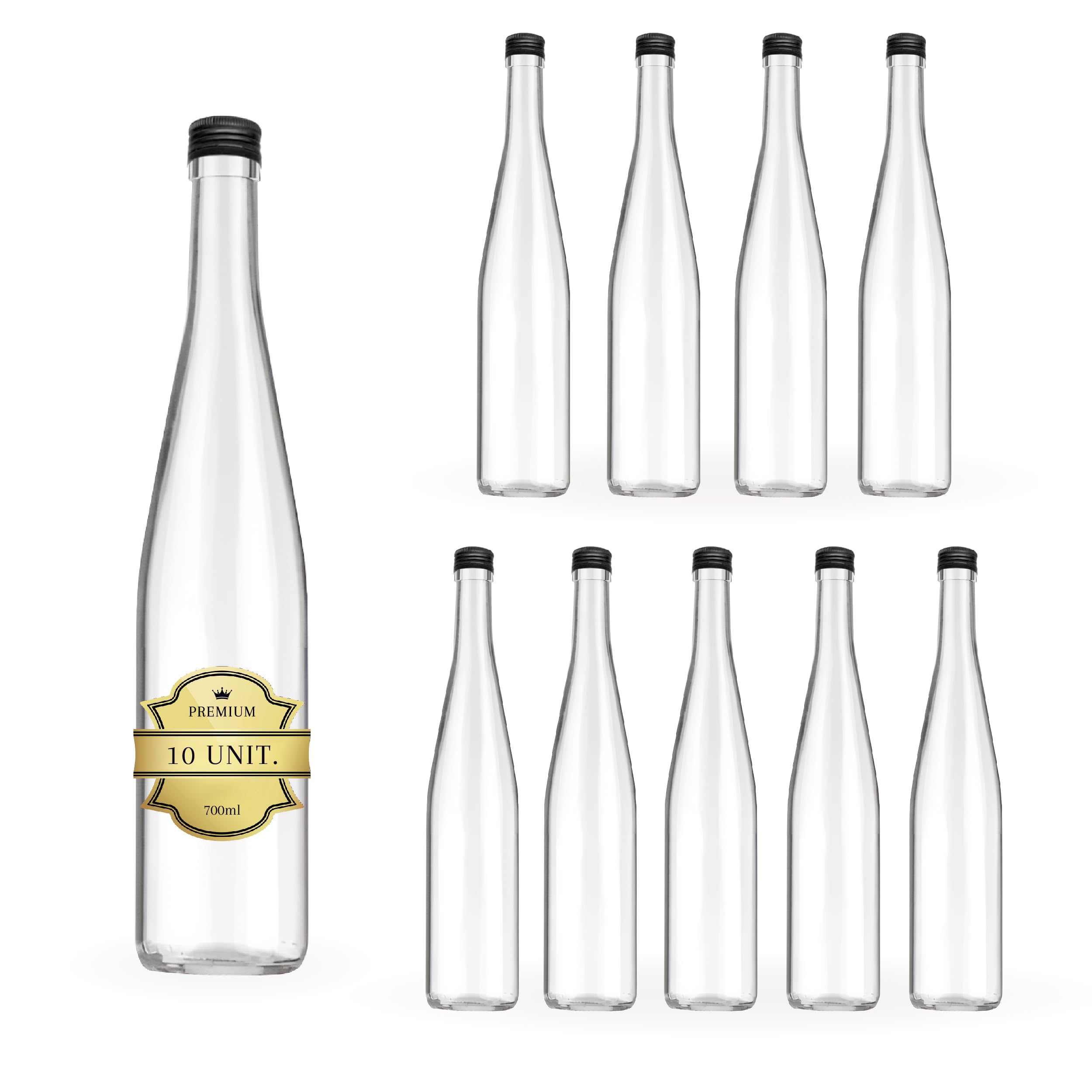 10 botellas de vidrio de 700 ml con tapón de rosca negro, ideales para bebidas espirituosas como ron, whiskey, vodka, aceite de oliva, agua y licor