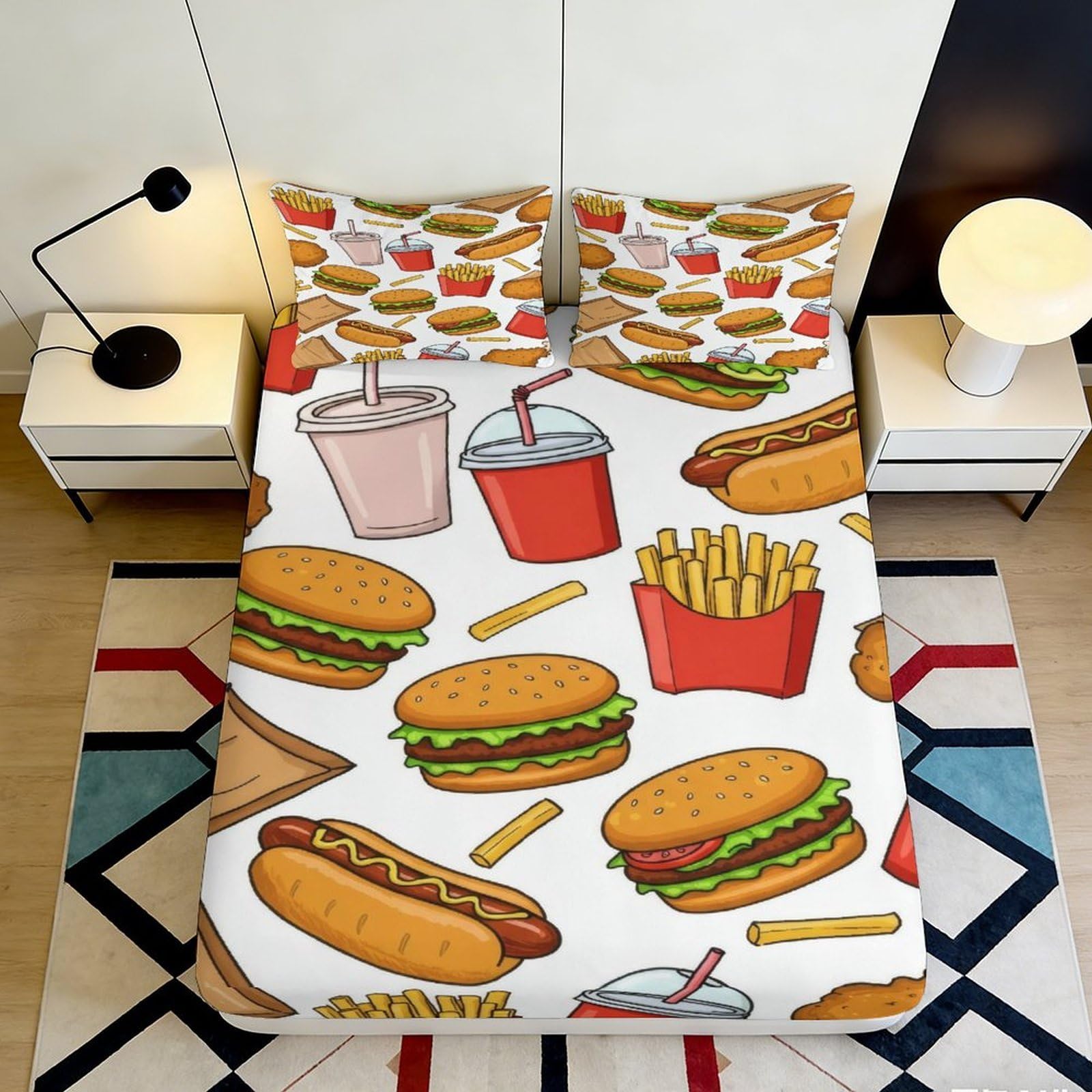3D Printed Fast Food Cartoon Fitted Sheet Microfiber Soft Fries Burger Bed Cover for Bedroom Dorm Mattress Decor 90x200x25cm