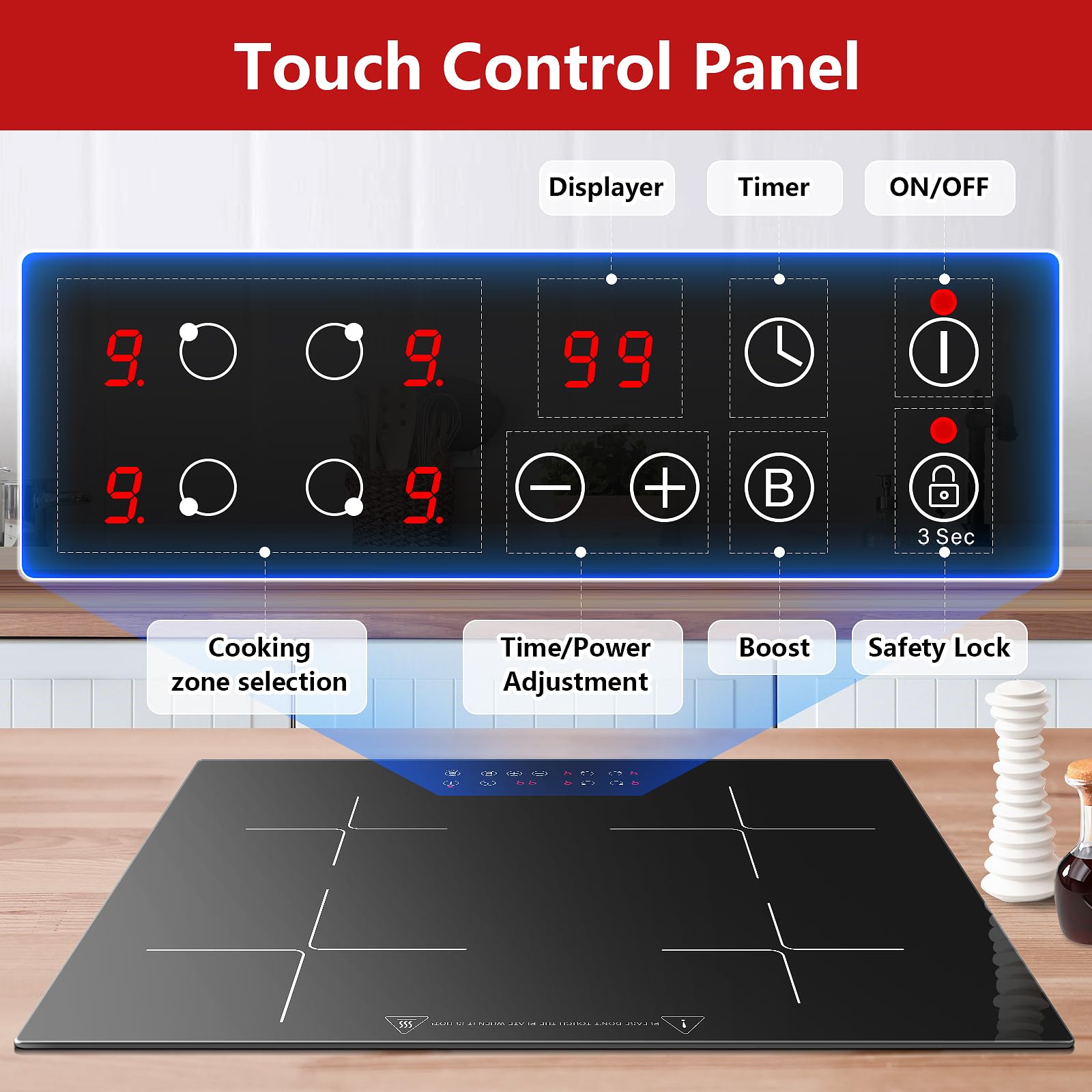 KICHPOWER Piano Induzione 4 Fuochi 6000W, con funzione Booster, Piano Cottura Induzione da incasso 60cm, Piano cottura elettrico, 9 Livelli, Controllo touch, Timer, 220-240V