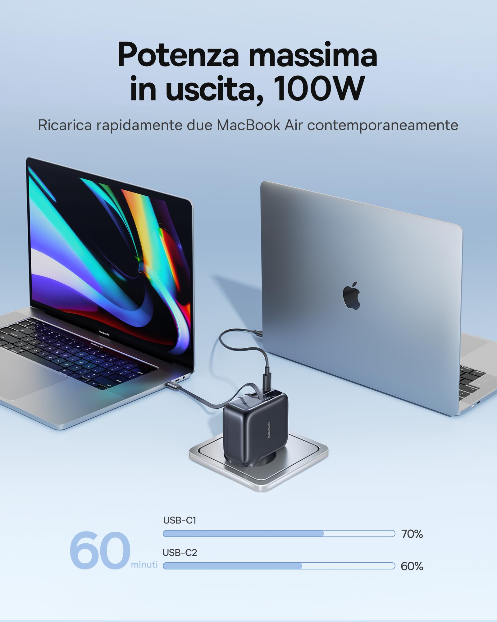 Baseus Enercore Caricatore USB C Da 100 W Con Cavo Estraibile, 3 Porte GaN, Caricatore Rapido PD Compatibile Con MacBook Pro Air, Dell, HP, iPad, iPhone 17/16/15/14 Pro Max Plus, Galaxy S25-S20 Ultra