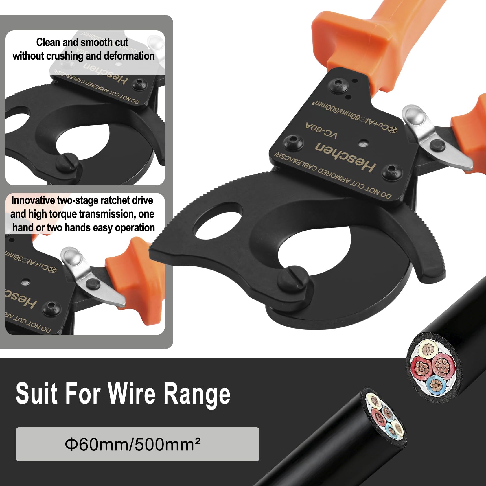 Heschen Tagliacavi a cricchetto VC-60A da utilizzare per pinza spelafili a mano da 60 mm/500 mm²