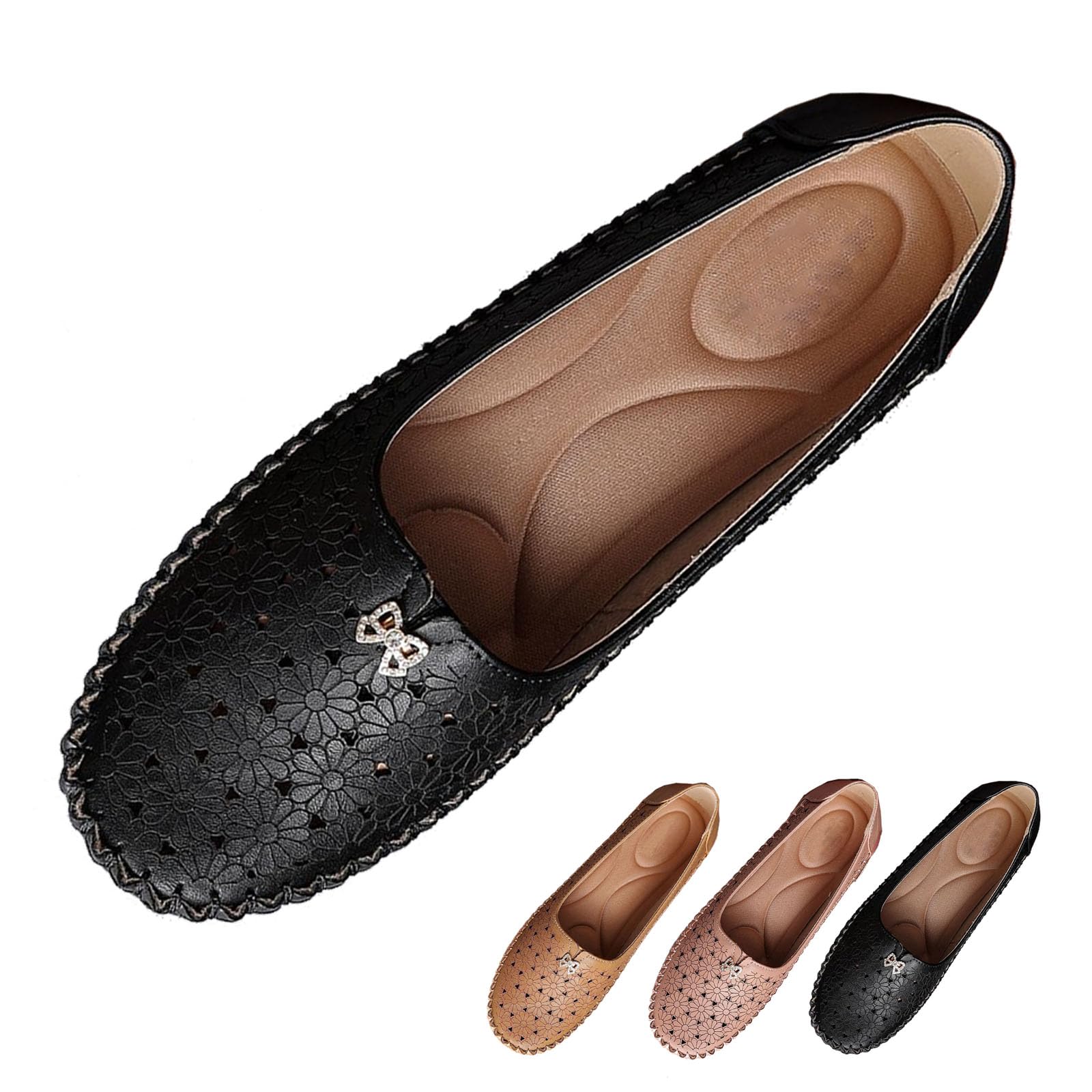 Stilvolle und leichte orthopädische Schuhe, florale Aushöhlung Fahrschuhe | Orthopädische Damen-Slipper aus atmungsaktivem Leder, Slip-On-Strass-Schleife, Wanderschuhe für Business, Freizeit, elegant