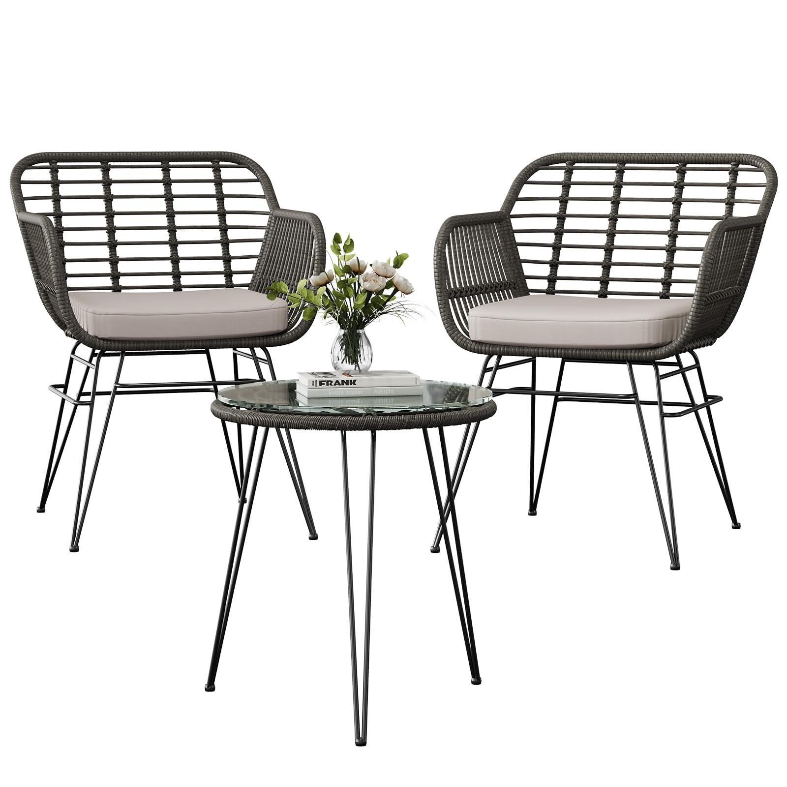 Aptliton 3 Piece Rattan Bistro Set,2 Chairs, Removable Cushions