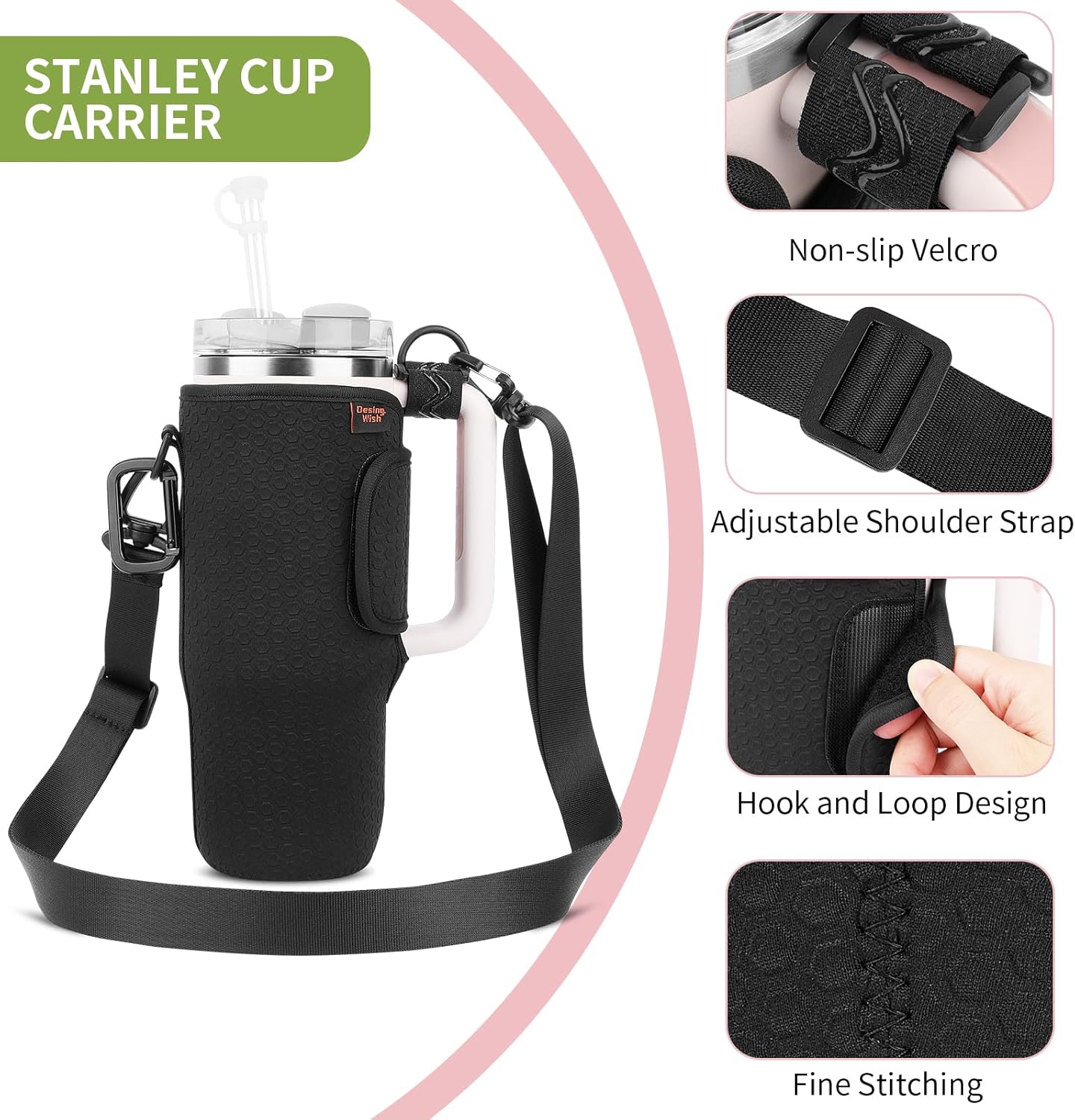 Desing Wish Water Bottle Carrier for Stanley Quencher 30oz Tumbler Cup Water Bottle Holder with Strap Neoprene Protective Tumbler Carrying Bag for Hiking Fitness Travelling - Black - Image 6