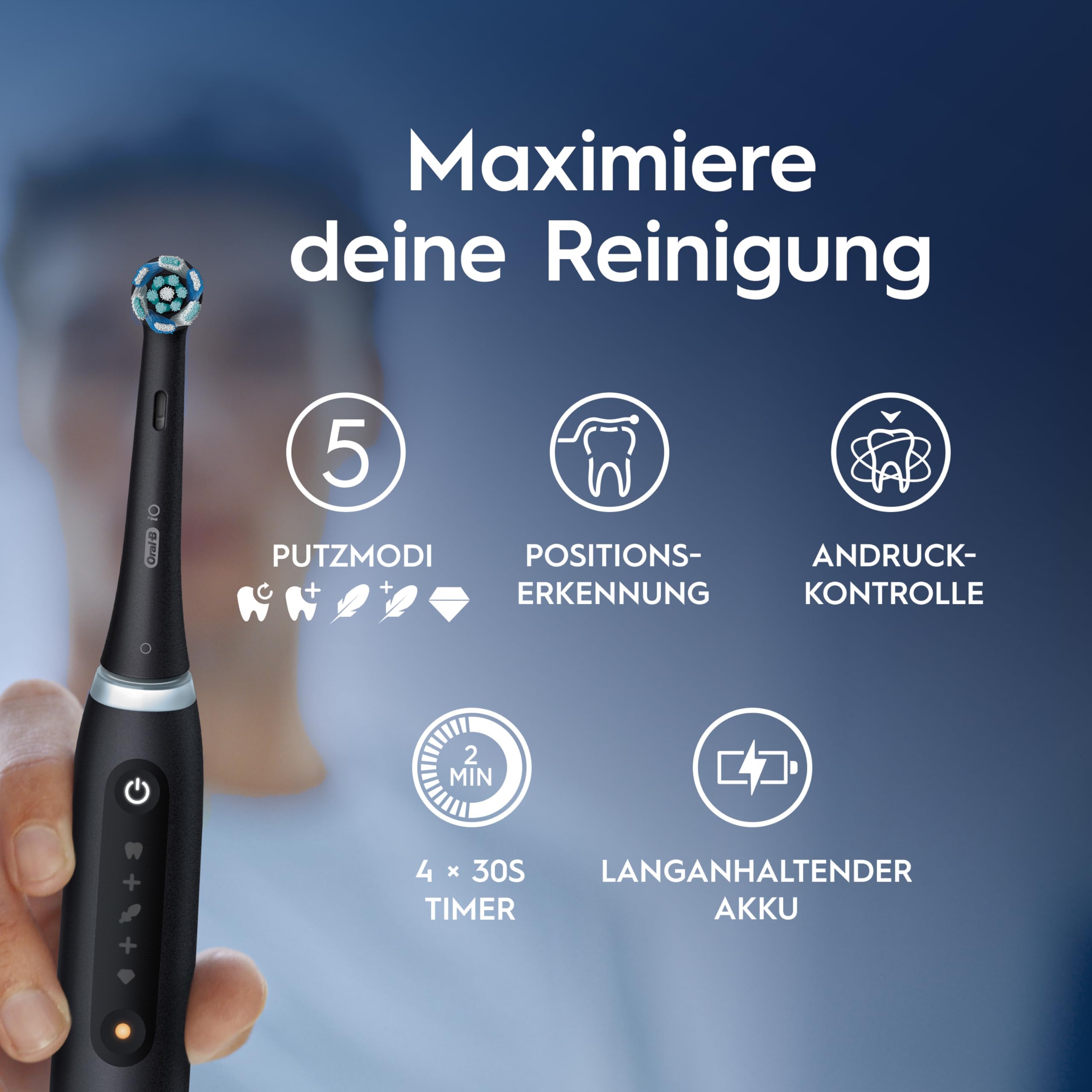 Oral-B iO Series 5 Plus Edition Elektrische Zahnbürste, Doppelpack — Electric Toothbrush, Inkl. 4 Aufsteckbürsten, 5 Putzmodi für Zahnpflege, Reise-Etui — Designed by Braun, Schwarz/Weiß - 4