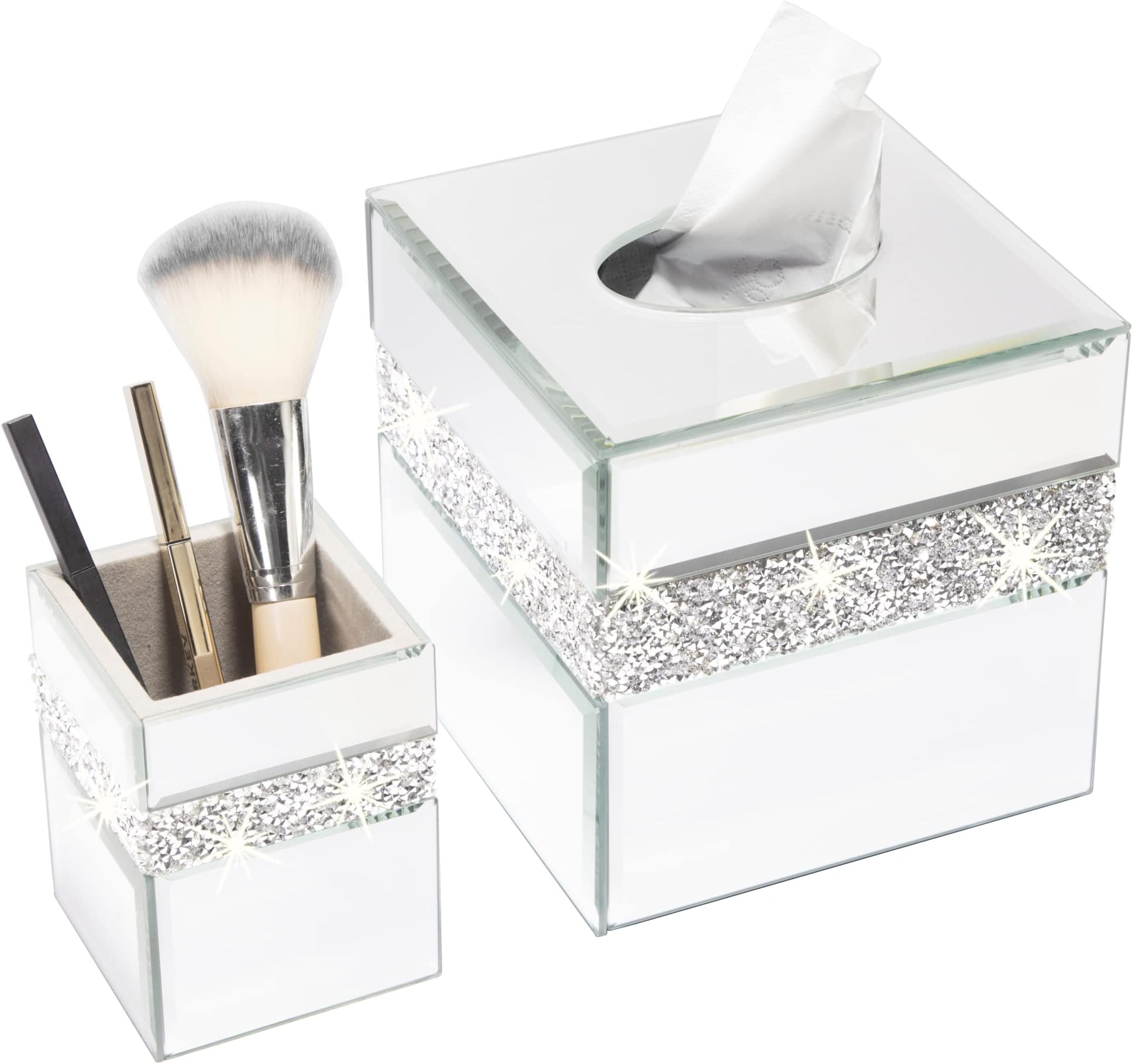 Diamante Mirrored Tissue Box Cover & Brush Holder Kit Tissue Box Holder for Dresser Living Room Bedroom Luxury Gift (Mirror)