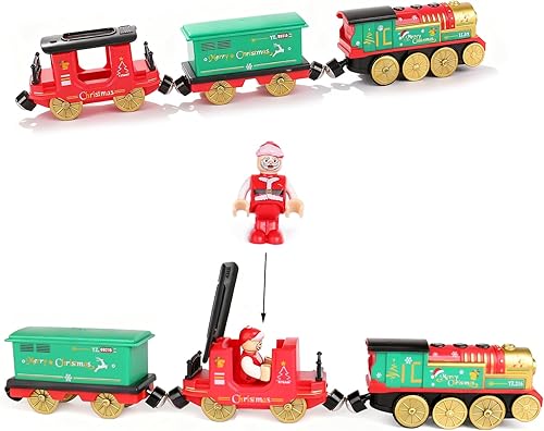 Miniatura 6 de Tren a pilas para pista de madera, juego de locomotora de tren motorizado de Navidad con conexión magnética, luces y sonidos, accesorios de tren de