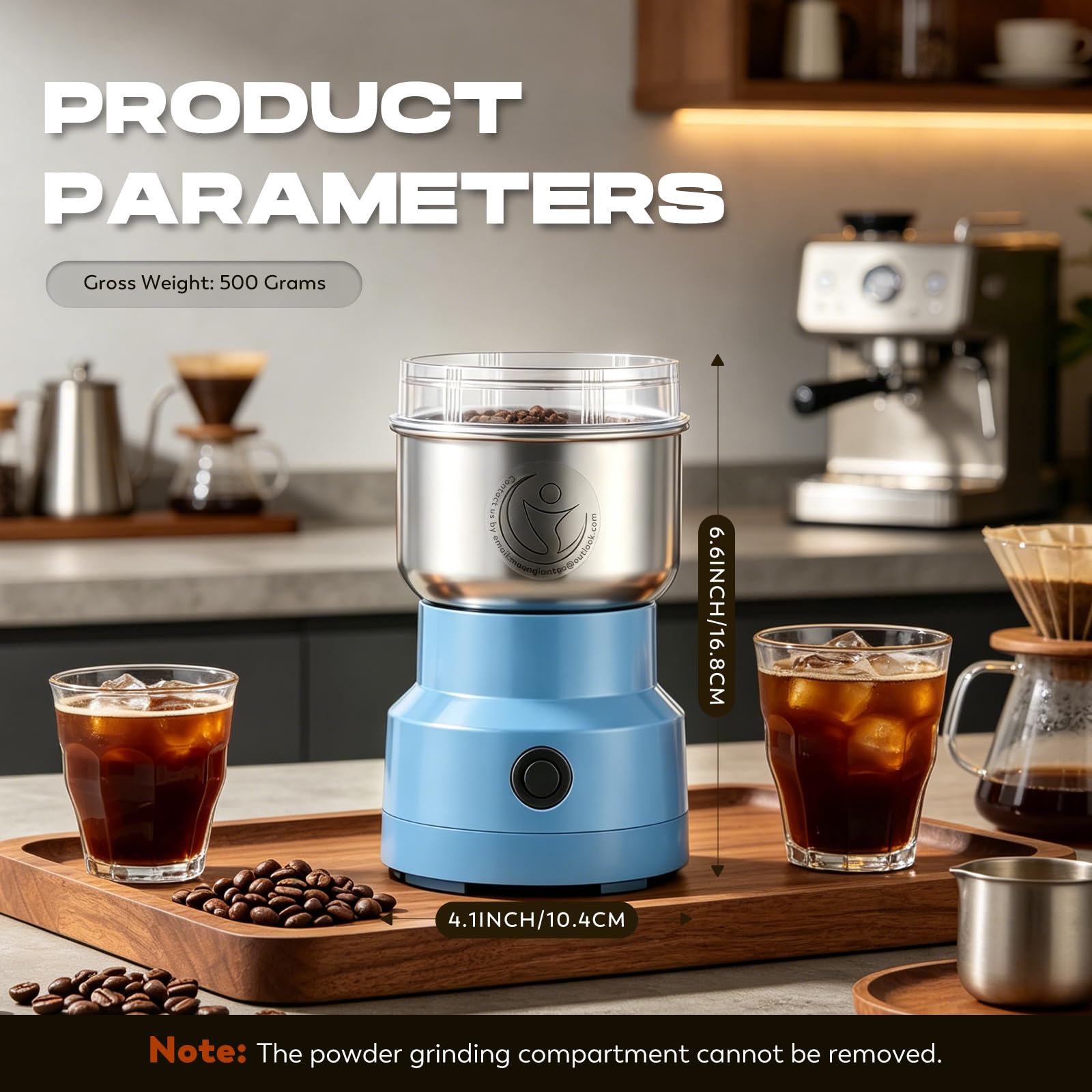Moongiantgo Moulin à Céréales Multifonctionnel 150W 14500rpm, Moulin à Café Ultra-Fin, 300ml Broyeur à Épices Électrique Portable, Acier Inoxydable, Parfait pour Matières Sèches, Herbes, Café (Bleu)