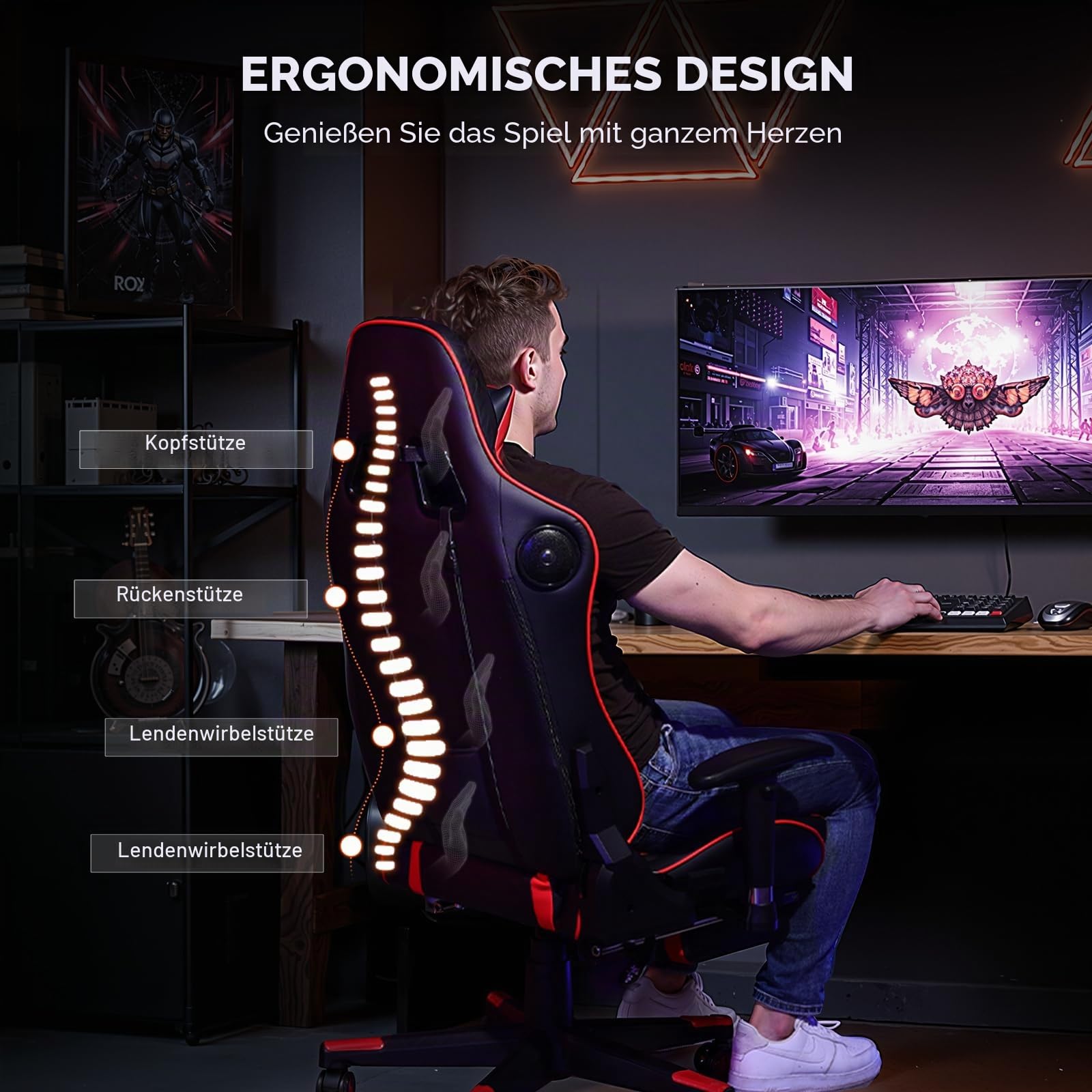 GTPLAYER Gaming Stuhl mit Fußstützen Lautsprecher Bluetooth, Gamer Stuhl Ergonomischer Computerstuhl Bürostuhl Schreibtischstuhl PC Stuhl mit 3D-Armlehnen, 200KG, Rot
