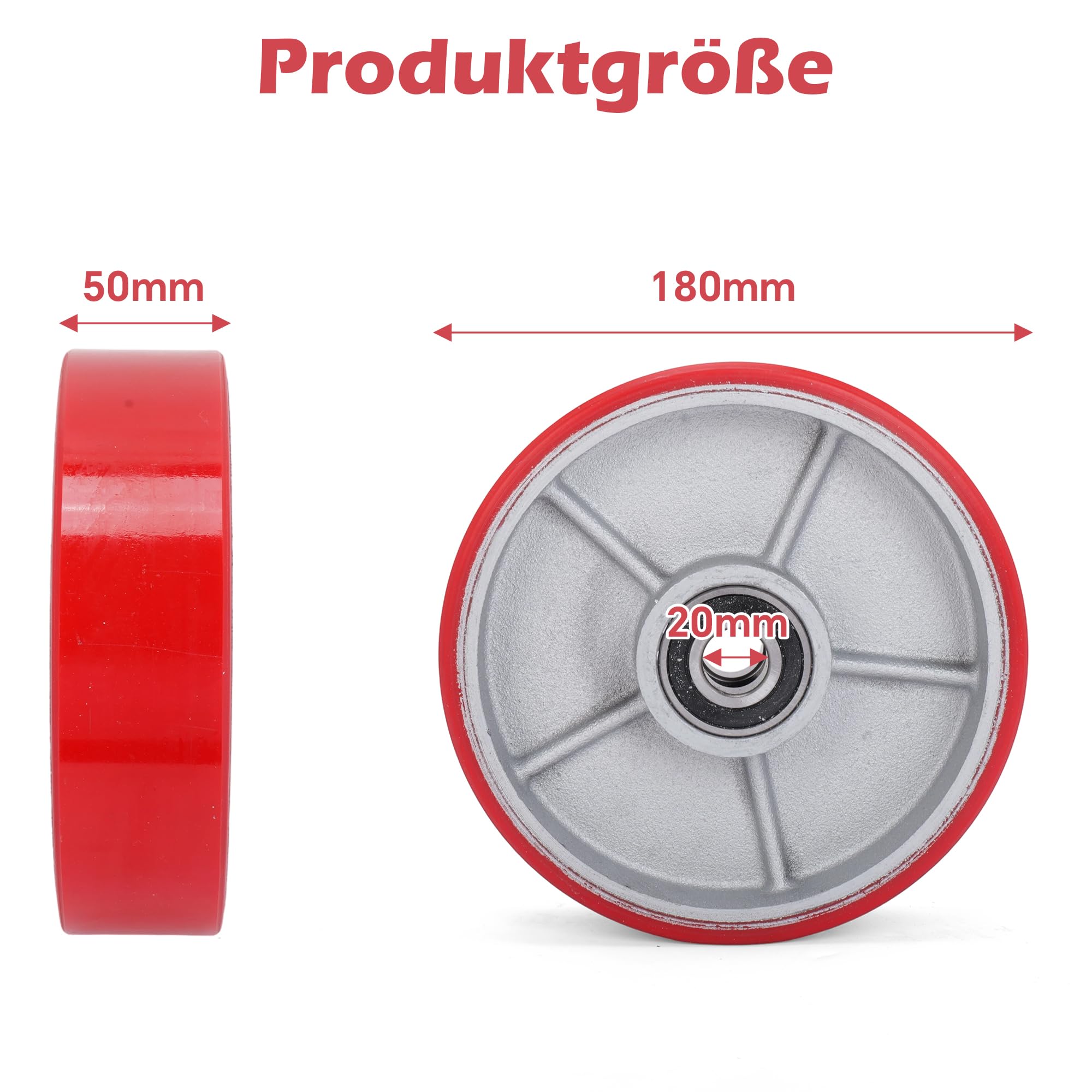 Lot de 2 roulettes de chariot élévateur 180 x 50 mm avec roulement à billes en polyuréthane, axe 20 mm, roulettes de rechange pour transpalette, palettes, fixateur, roue de palette, charge
