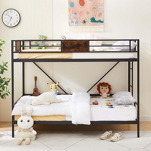 Miniatura 10 de Anwick Litera de metal tamaño individual sobre individual con escaleras, marco industrial de literas individuales con barandilla de longitud