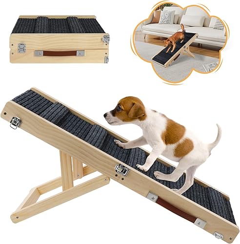 Miniatura 1 de Rypet Rampa ajustable de madera para perros pequeños, rampa plegable portátil para perros clasificada para 55 libras, rampa ajustable de 8.3 a 17.3