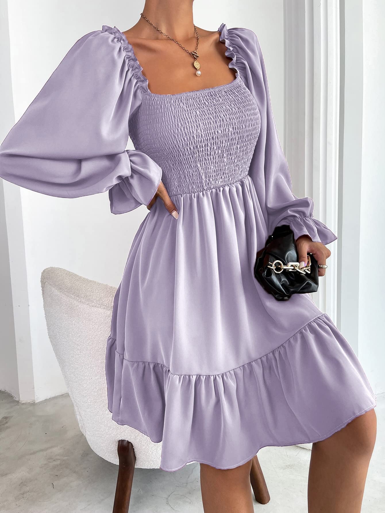 Amazon.com: Women's Dresses Square Neck Shirred Bodice Flounce Sleeve  Ruffle Hem Dress Dress for Women(Lilac Purple,Large) : Clothing, Shoes &  Jewelry