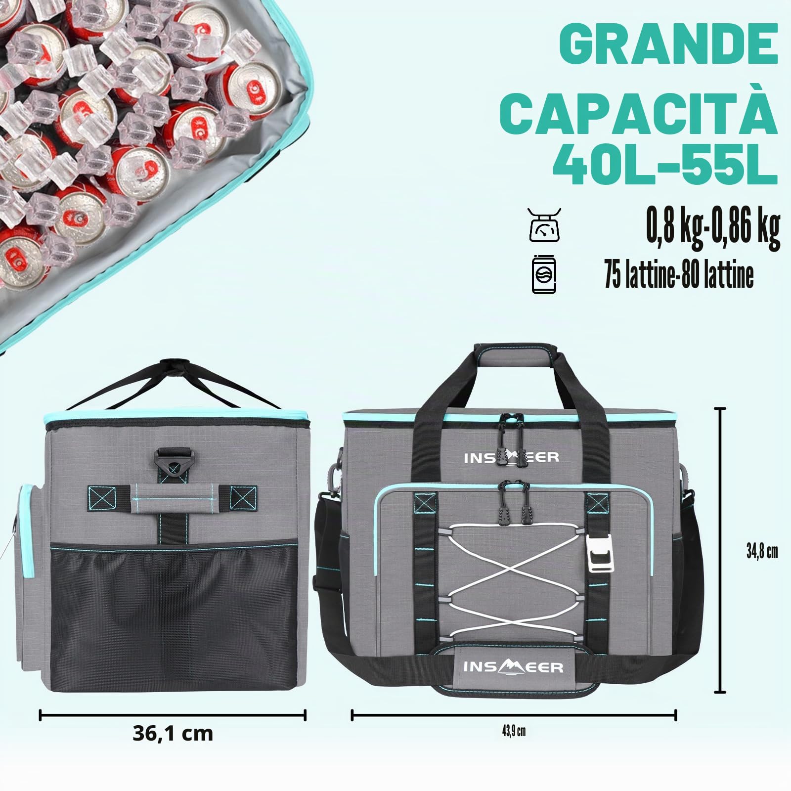 INSMEER Borsa termica Gross da 55 l, 80 cans, pieghevole, a prova di perdite e impermeabile, con apribottiglie, XXL, borsa da picnic e shopping per gite, campeggio, spiaggia