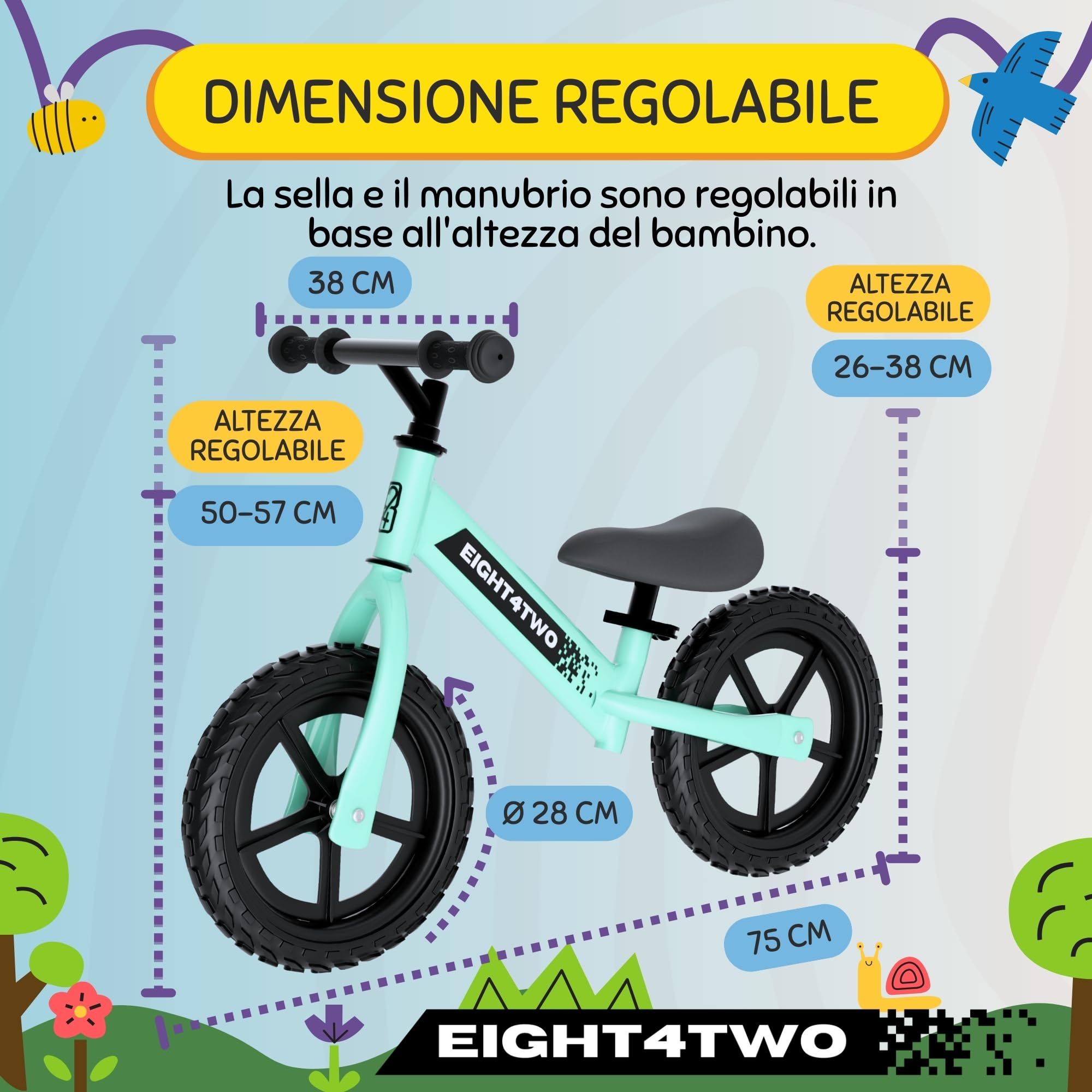 EIGHT4TWO Bicicletta senza pedali per bambini 2, 3, 4 e 5 anni - Bicicletta senza pedali Ideale per bilanciamento - Giocattoli per bambini di 2, 3, 4 e 5 anni.