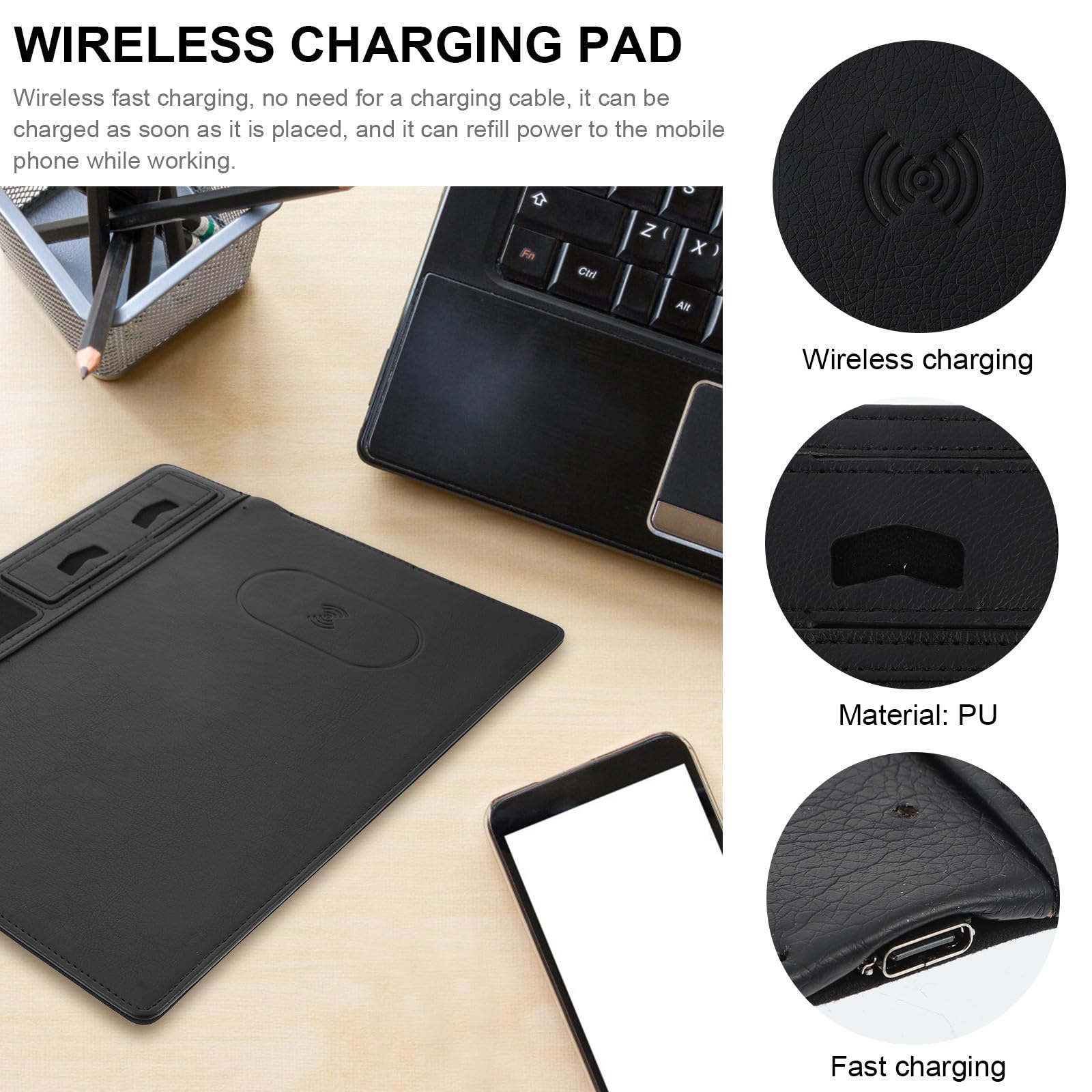Abaodam Tappetino per Mouse 15w Ricarica Wireless, Mousepad Multifunzione in Pu Nero, Superficie Anti-splashing Supporto per Smartphone, per Ufficio e Gaming