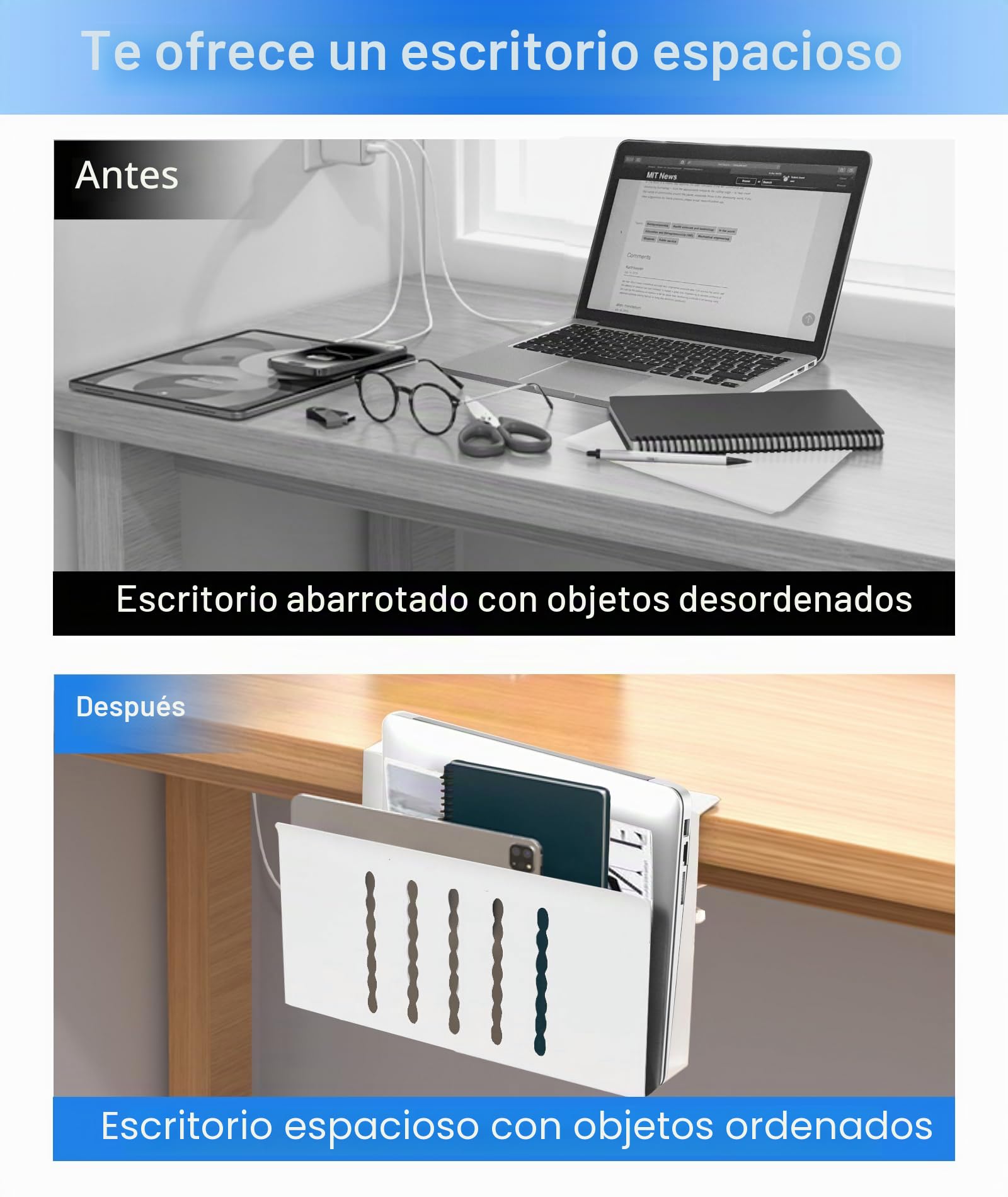 Almacenamiento Lateral Organizador de Acero, Portátil Sin Perforar, Bandeja de Cables Adecuado para Hogar y Oficina