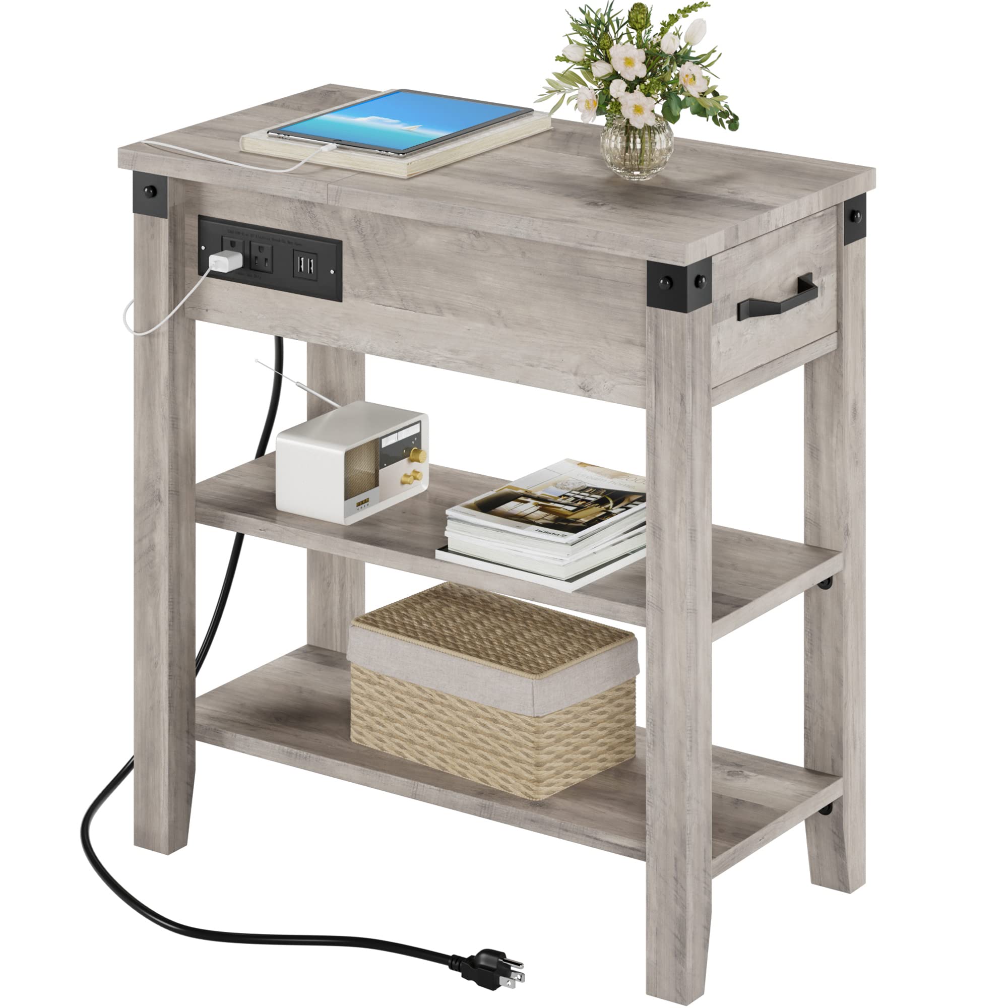 Amyove End Table with Charging Station, 3-Tier Narrow Side Table with Drawer and Storage End Table Wood Farmhouse Bed Side Table/Night Stand for Living Room Bedroom Office, Rustic Grey
