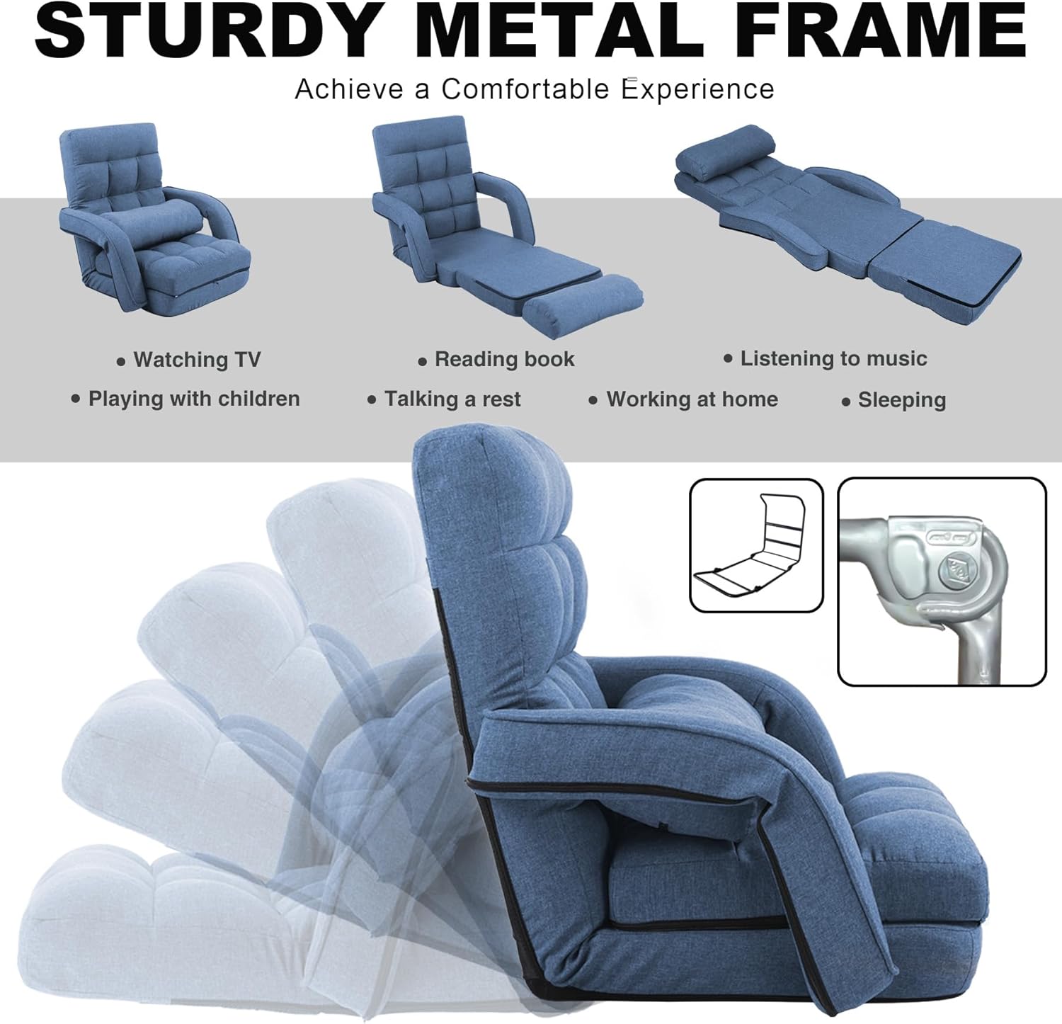 Indoor Floor Chair with Armrest and Pillow Folding Chaise Lounge Sofa 14-Position Adjustable Comfy Gaming Recliner Chair Padded Seats for Adults (Blue03)